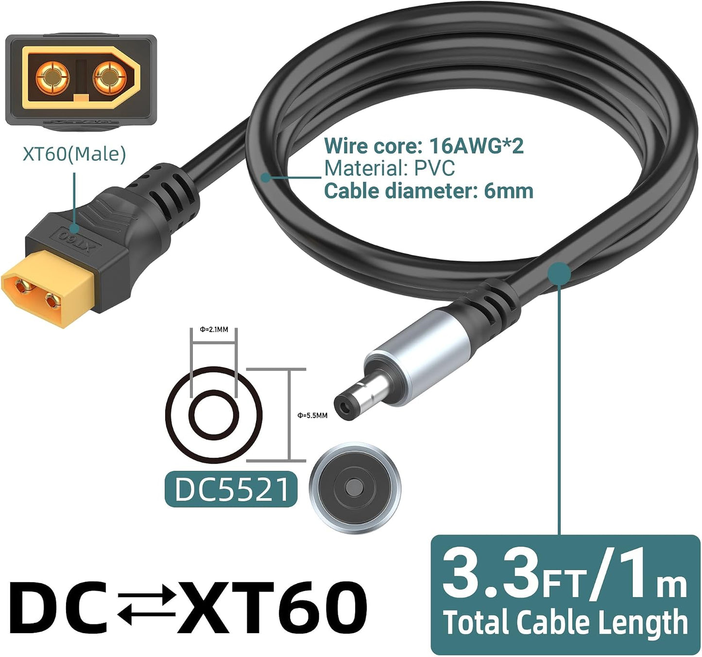Magiclifee 3.3FT XT60 DC5521 XT60 5.5mm 2.1mm (1M) Male to Power Cable, to DC x Male Adapter Cord for FPV Goggles