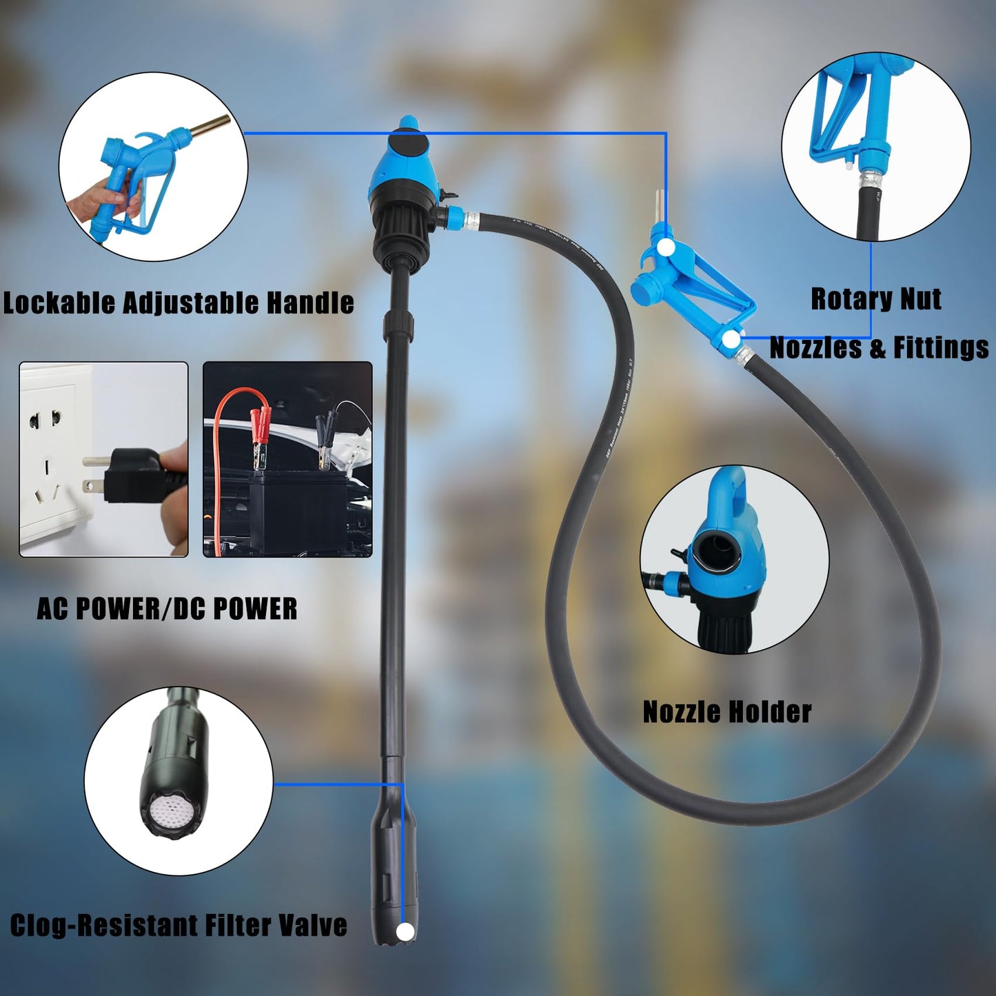 NimRay Electric Drum Pump (120V AC / 12V DC), 5 GPM Flow Fuel Pump, for DEF, Diesel, Water, Antifreeze with a 6.6ft Hose, 2'' Bung Adapter, and 34-49in telescoping Suction Tube for 55-Gallon Barrels.