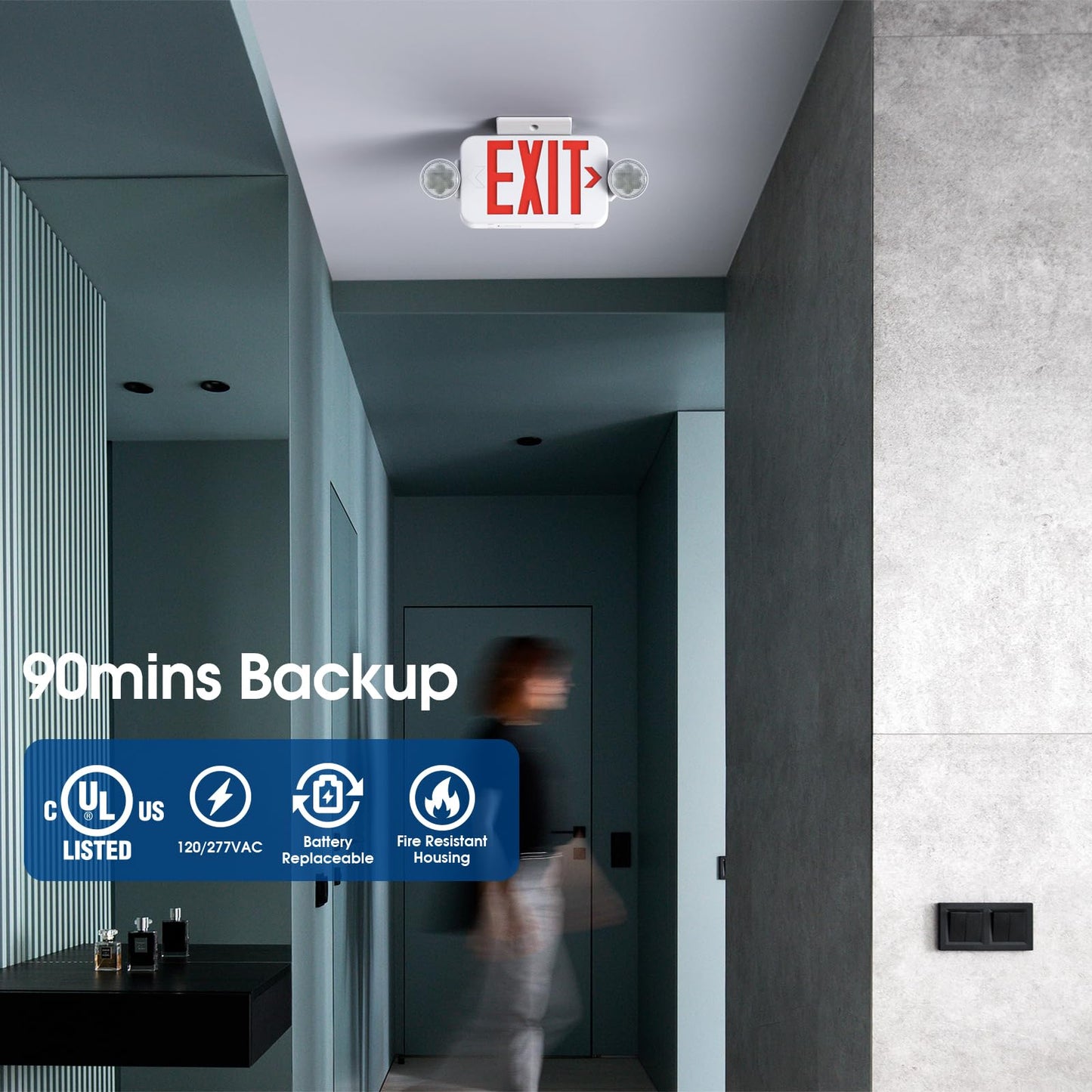 SASELUX Red Led Exit Sign Emergency Light Combo Adjustable Two Head, Double Sided and Battery Backup Exit Light, Contractor Select, AC 120/277V (6 Pack)