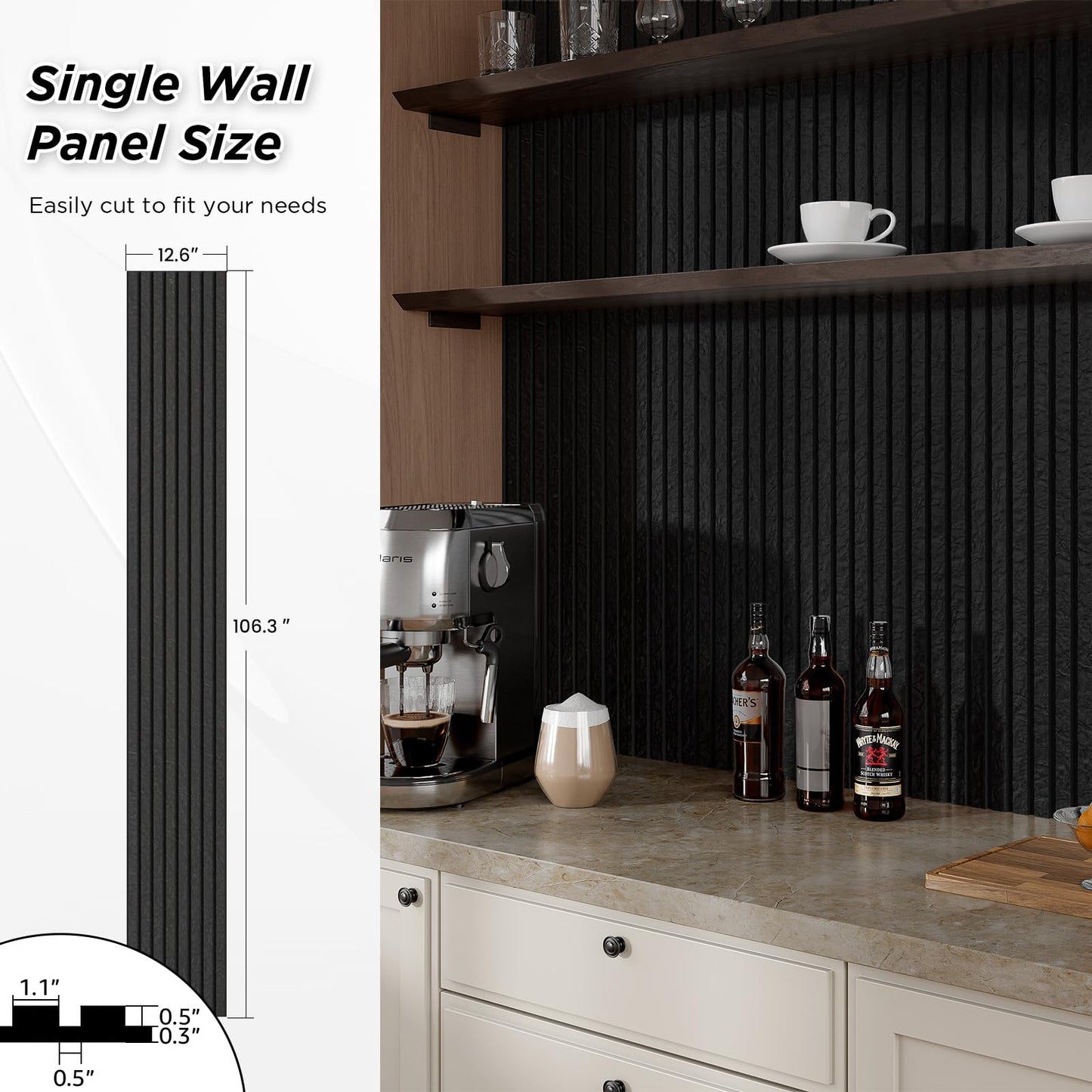 SMARTSTANDARD Acoustic Wall Panels, 4 Piece 106" x 12.6" Soundproof Slat Wall Paneling for Interior Wall Decor, 3D Fluted Acoustic Wall Panel, Black