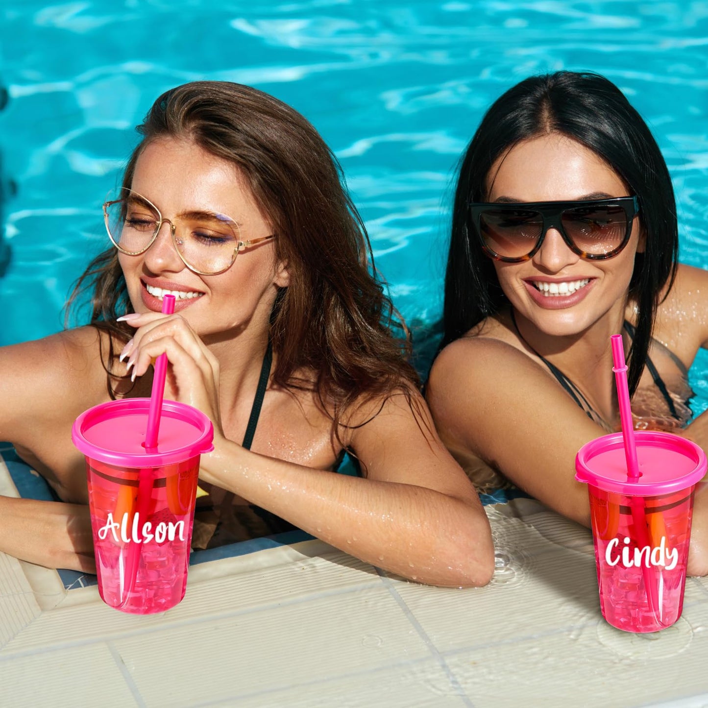 Nuanchu Plastic Cups with lids and Straws Reusable 14oz Tumbler with Sheets Letter Stickers for adult Iced Coffee Cup Travel Mug for Party Favors Beach Juices(Hot Pink,12 Pcs)