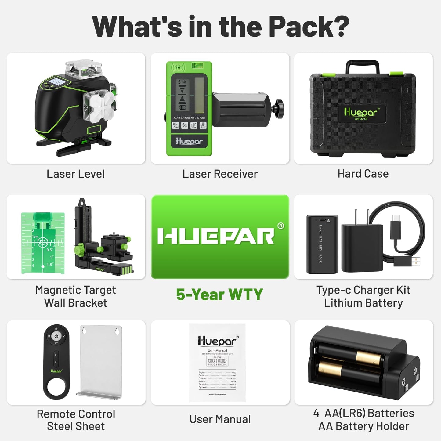 Huepar Laser Level 360 Self Leveling, 4x360° Green 4D Cross Line Laser with Receiver&LCD Screen, Bluetooth Outdoor Pulse Mode 16 Lines Laser Tool Kit for Construction, Remote Control Included -S04-5RG