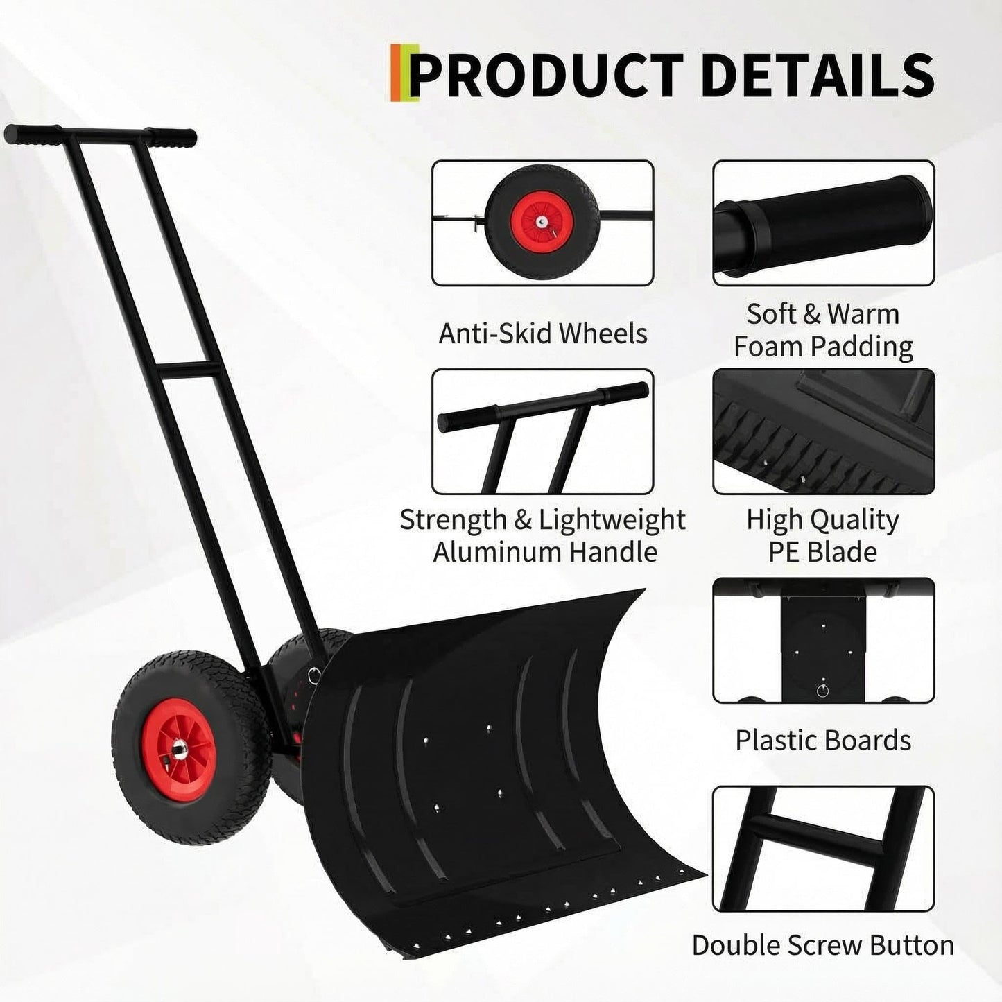 40" Heavy-Duty Wheeled Snow Shovel with Adjustable Handle & Blade – Angled Snow Pusher for Driveway, Sidewalk, Deck & Steps