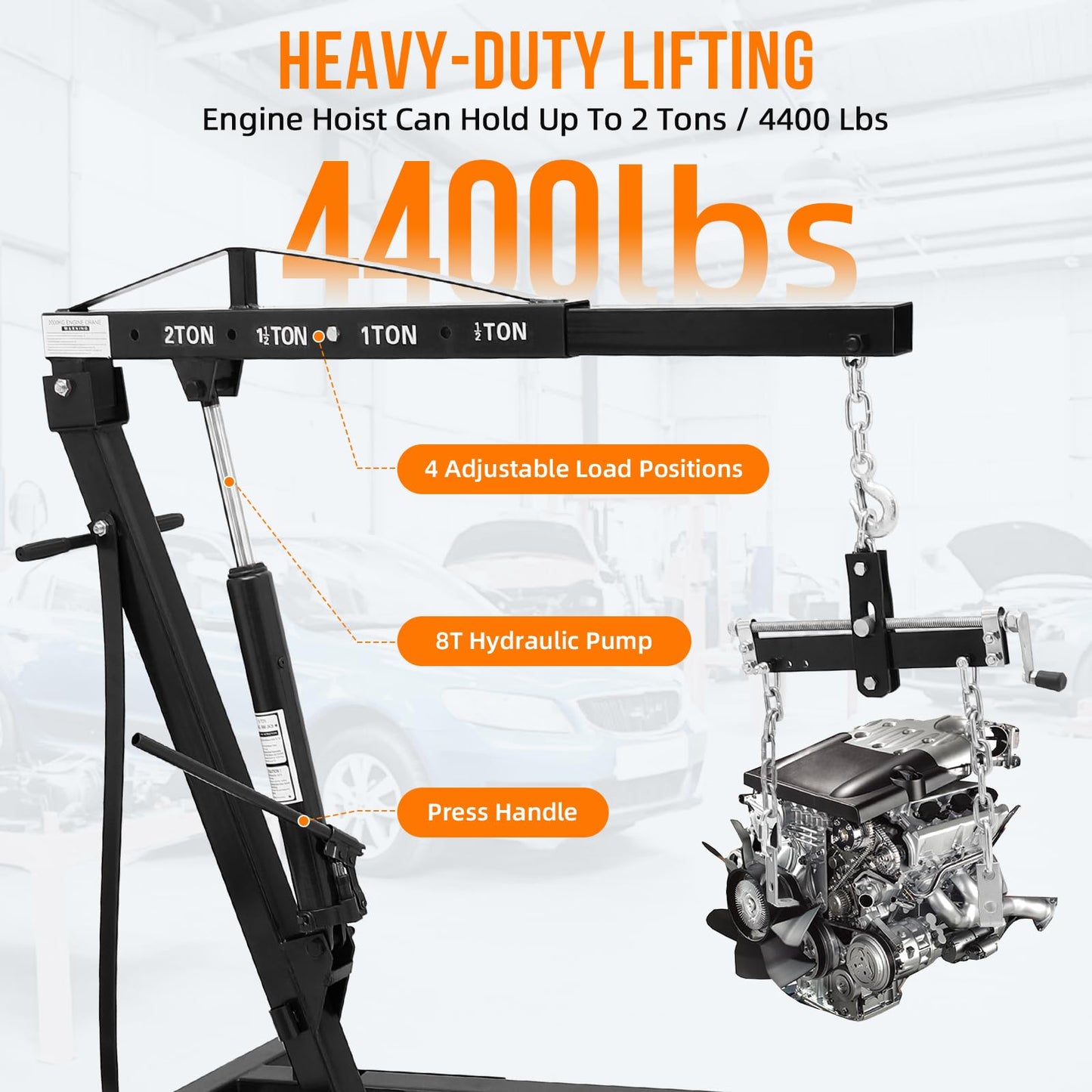 2 Ton Folding Hydraulic Engine Hoist with Lever, Folding Engine Shop Crane Hoist Lift, Heavy Cherry Picker with 6 Wheels for Garage, Workshop,Black