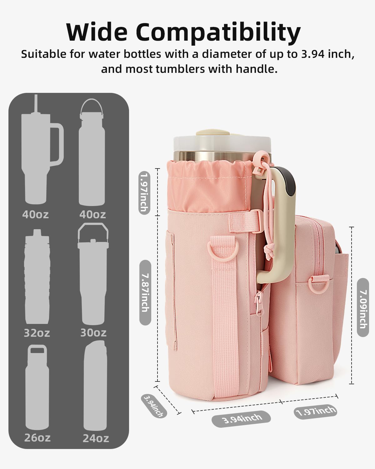 Nefeeko Magnetic Water Bottle Bag, Bottle holder for Gym – Detachable 2-in-1 Design | Fits 40OZ Bottles | Durable Oxford Fabric | Ideal for Fitness/Golf/Tennis/Hiking (Pink)