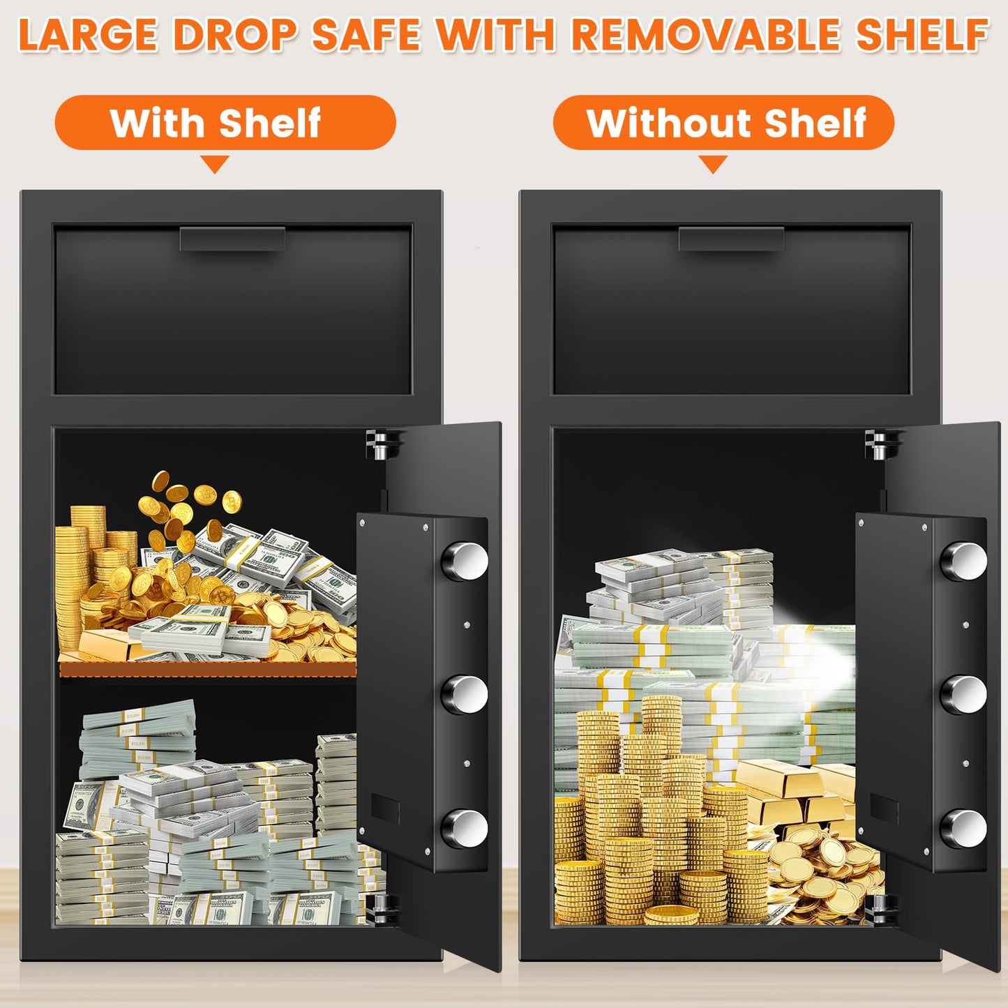 31.5"H Large Drop Safe Box for Business, Anti-Theft Depository Safe with Drop Slot, Digital Keypad, Spare Key and Removable Shelf, Heavy-duty Commercial Safes for Business Cash Documents Home