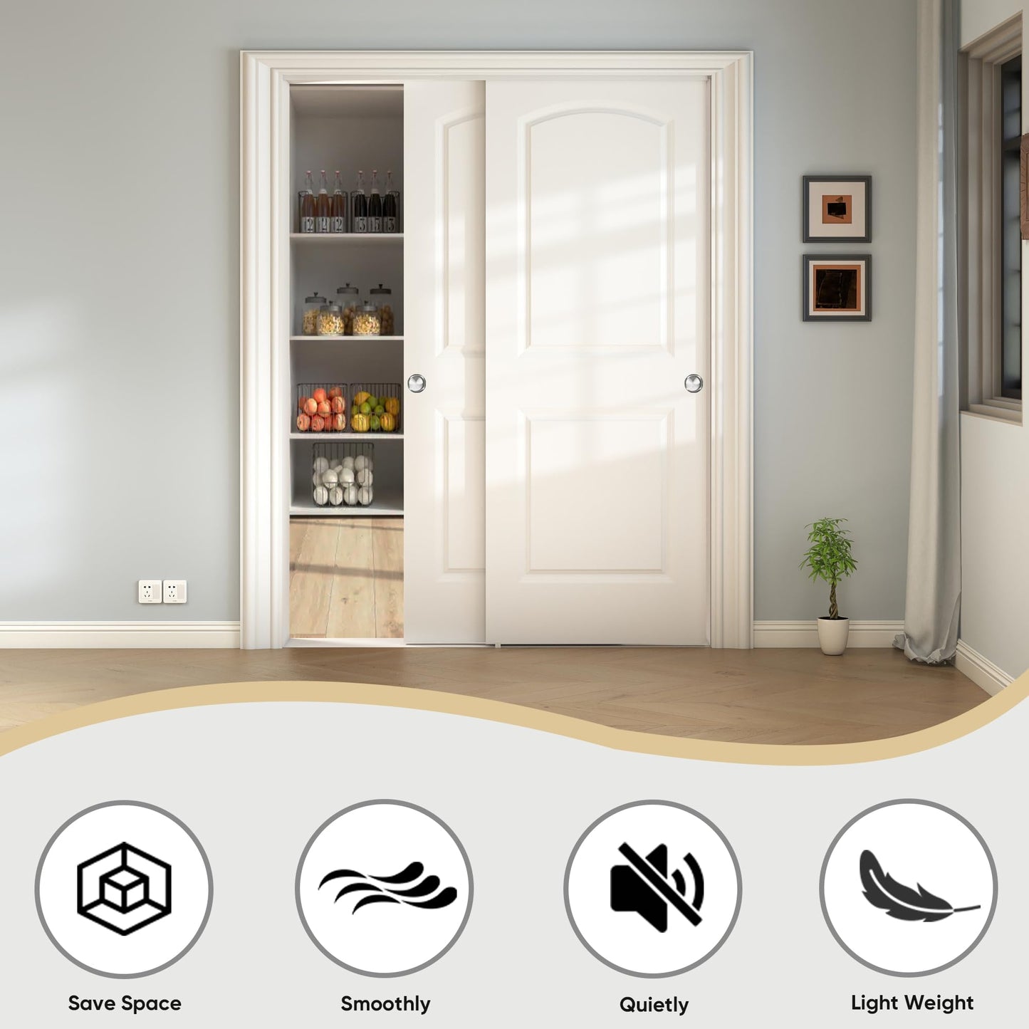 JUBEST 60x80 in Sliding Closet Door, Raised 2-Panel Arch Top White Primed Hollow Core Door Slab with Hardware Kits & Matching Fascia, Pre-drilled & Paintable, Space-Saving for Bedroom Laundry