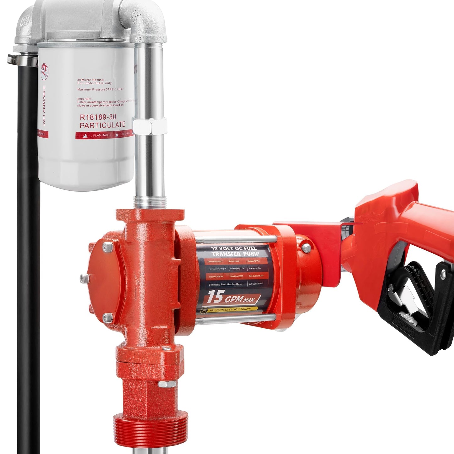 12V 15 GPM Fuel Transfer Pump with Discharge Hose, Automatic Nozzle, Premium Filter Package, Suitable for Gasoline, Diesel, Kerosene, Ethanol & Methanol Blends