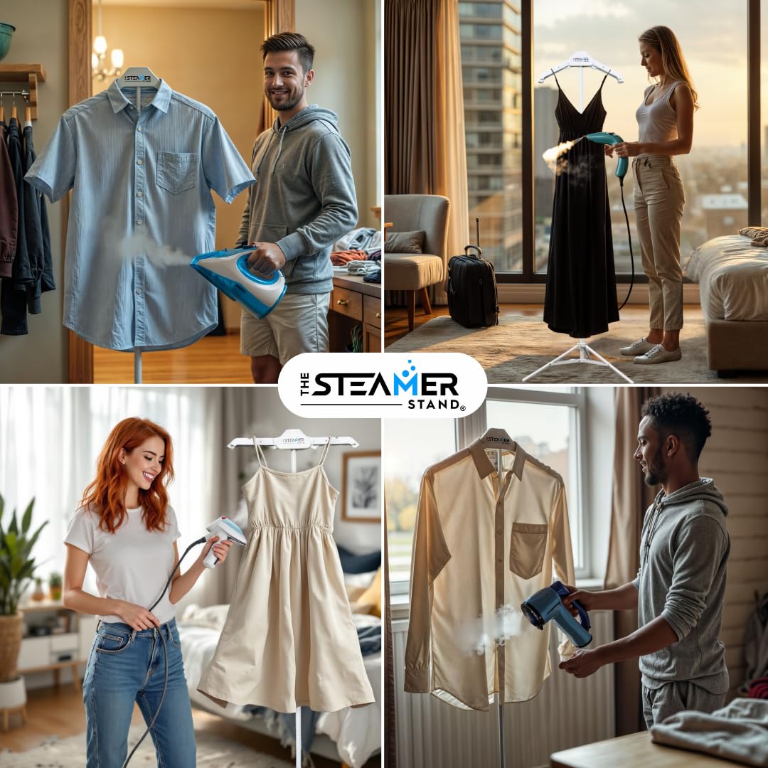 The Steamer Stand Deluxe | Adjustable Standing Garment Steaming Rack with Hanger | Fast, Foldable, Portable Clothes Steam Ironing Solution for Travel & Home