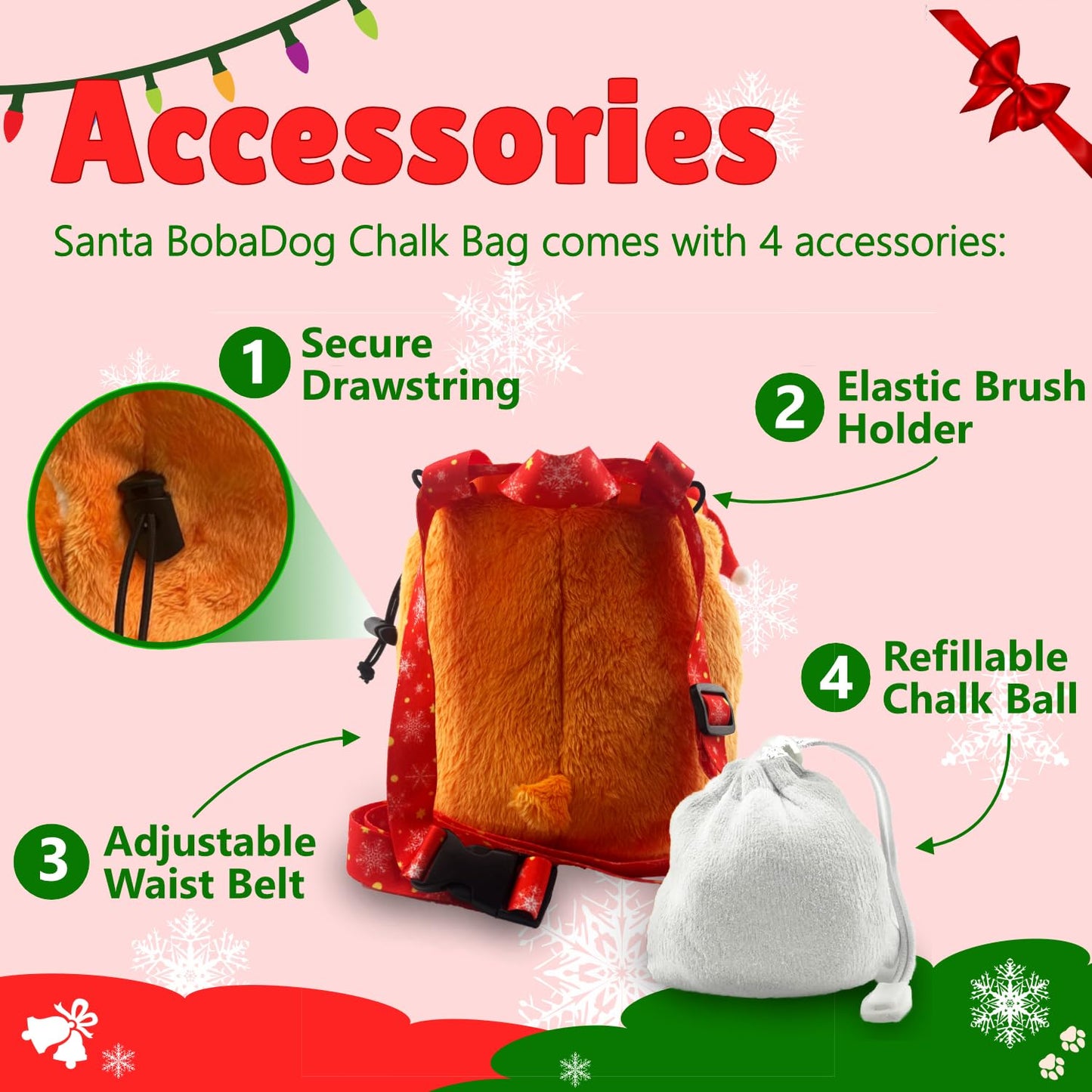 Rock Climbing Chalk Bag + Refillable Ball – Boba Dog Plush Animal Bag (Christmas Bag + Chalk) | Christmas | Santa