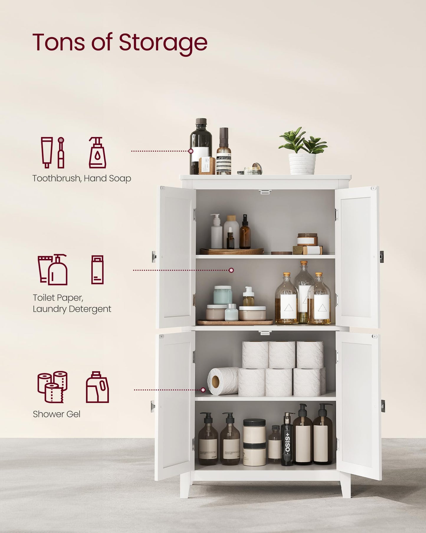 VASAGLE Floor Storage Cabinet, Freestanding Storage Unit with 4 Doors, Adjustable Shelves, 11.8 x 23.6 x 43.3 Inches, for Entryway, Bathroom, White UBBC552P31