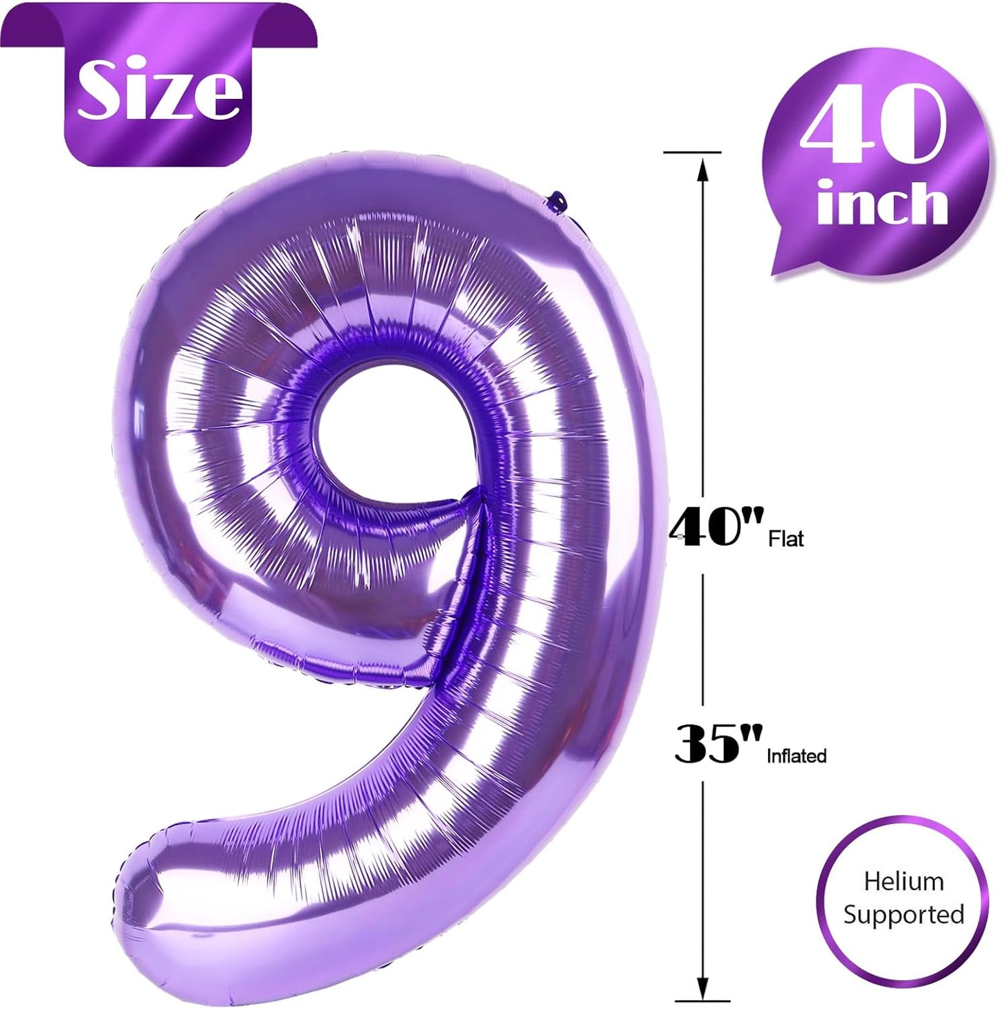 Purple Number 9 Balloon - 40 Inch Giant Birthday Decoration for 9th, 19th, 29th, 90th Celebrations