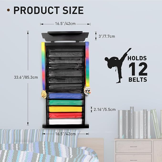 Tilhumt 12/10 Belts Karate Belt Display Rack with Stickers, Taekwondo Belt Display with Trophy/Photo Rack, Felt Dustproof Design, Easy to Put in Belt, Martial Arts Belt Display for Adults