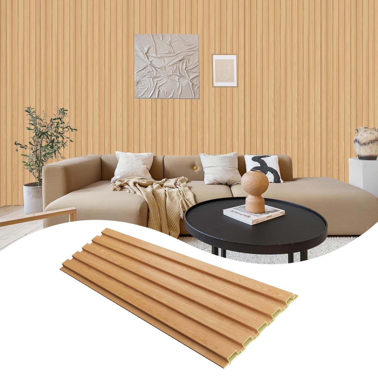 OUZUGIE WPC Acoustic Slat Wall Paneling, 8-Pack 114 x 6 Inches 3D Wall Panels for Interior Wall Decor,Living Room,TV Background,Study Room,Office Spaces,Bedroom,Low Grille (Oak)