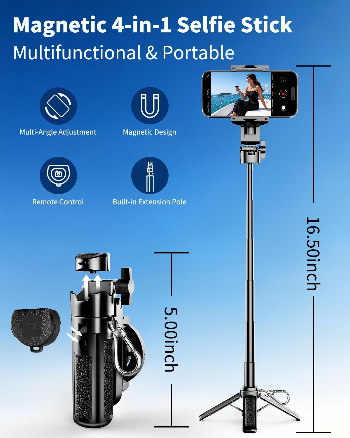 Betunich 4-in-1 Magnetic Mini Selfie Stick Tripod, Extendable Phone Stand with Wireless Remote, Pocket Size for Travel