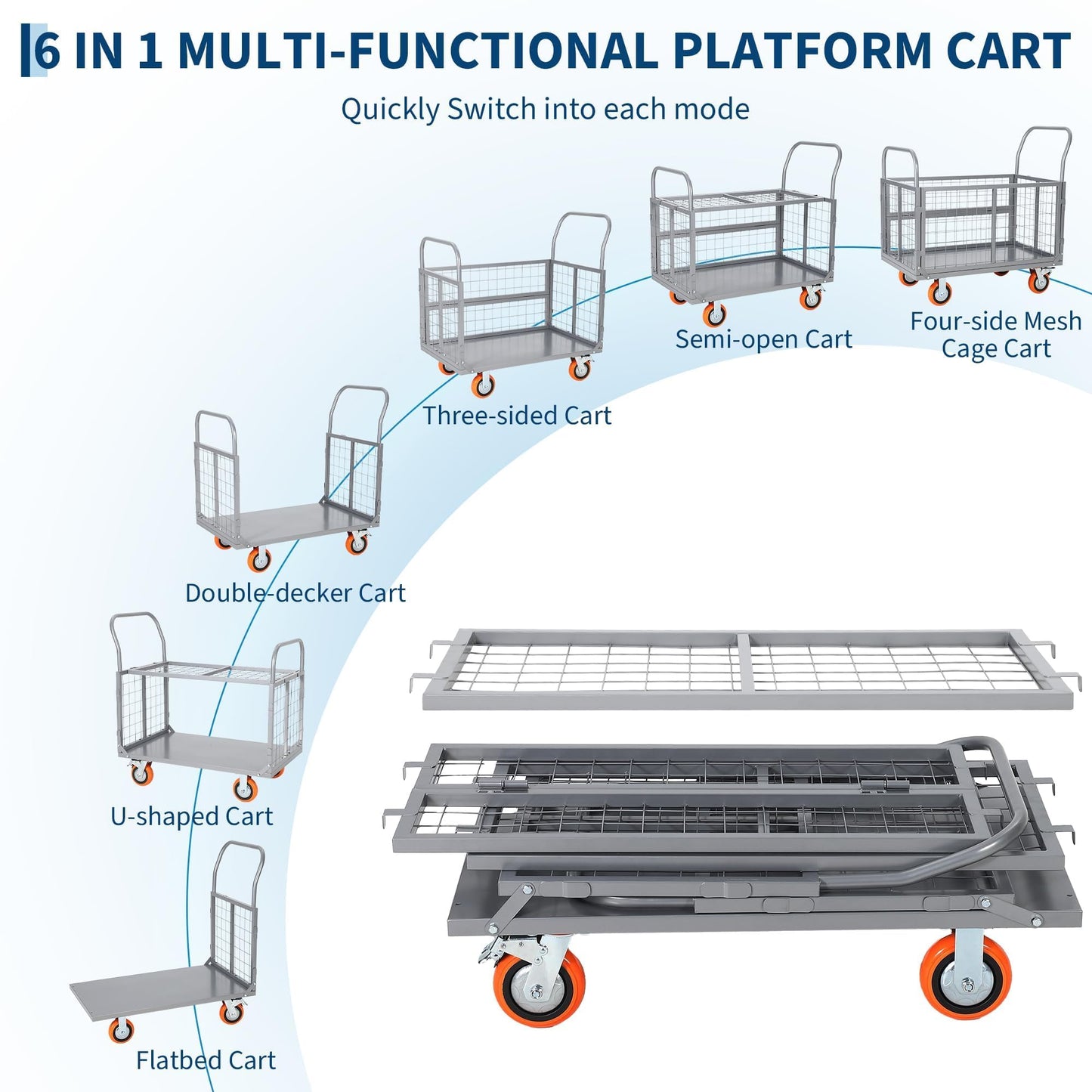 Garvee 1800 Lbs Platform Truck Cart with Cage, Heavy Duty 6-in-1 Foldable Flatbed Cart Hand Truck Dolly, Multi-Functional Push Cart with 360°Wheels, Cage Trolley for Warehouse, Grocery & Moving,Silver