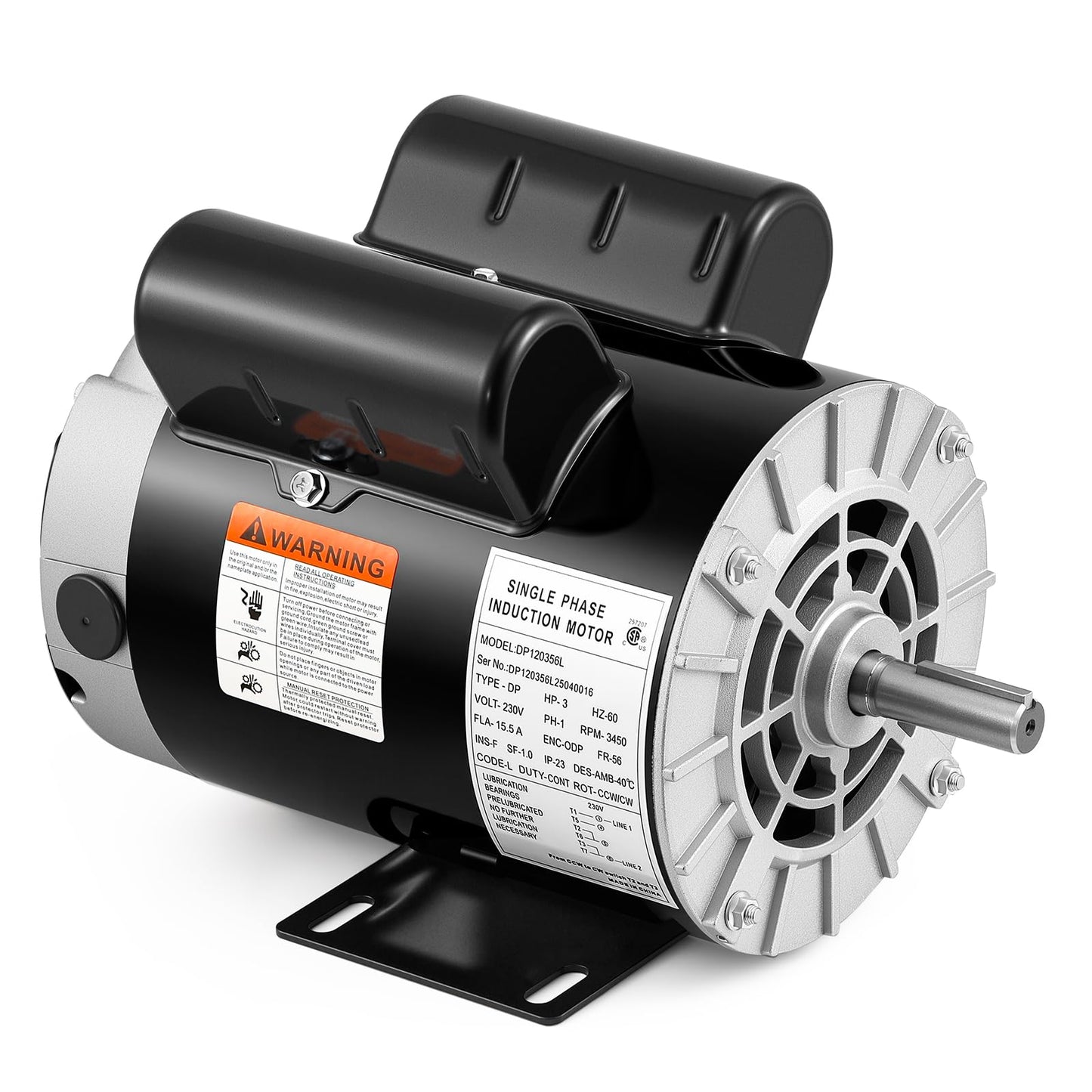 Bonvoisin 3HP Air Compressor Motor 56 Frame 3450RPM Single Phase Electric Motor, 5/8" Keyed Shaft, 1.88" Shaft Length, CCW/CW Rotation, 230V, 15.5 Amps