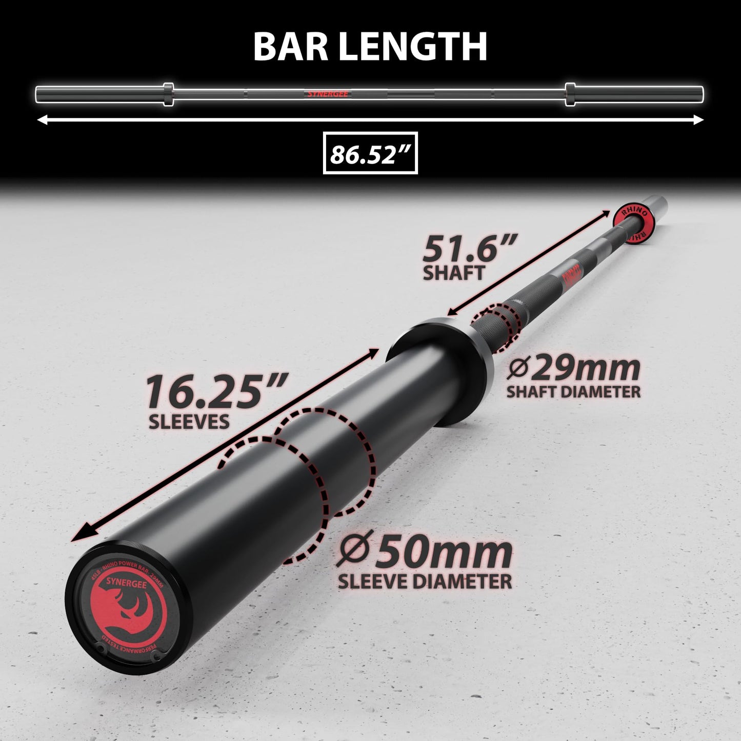 Synergee 45lb Rhino Power Bar Cerakote Finish Barbell. Rated 1500lbs for Powerlifting - Deadlift - Squat - Bench Bar