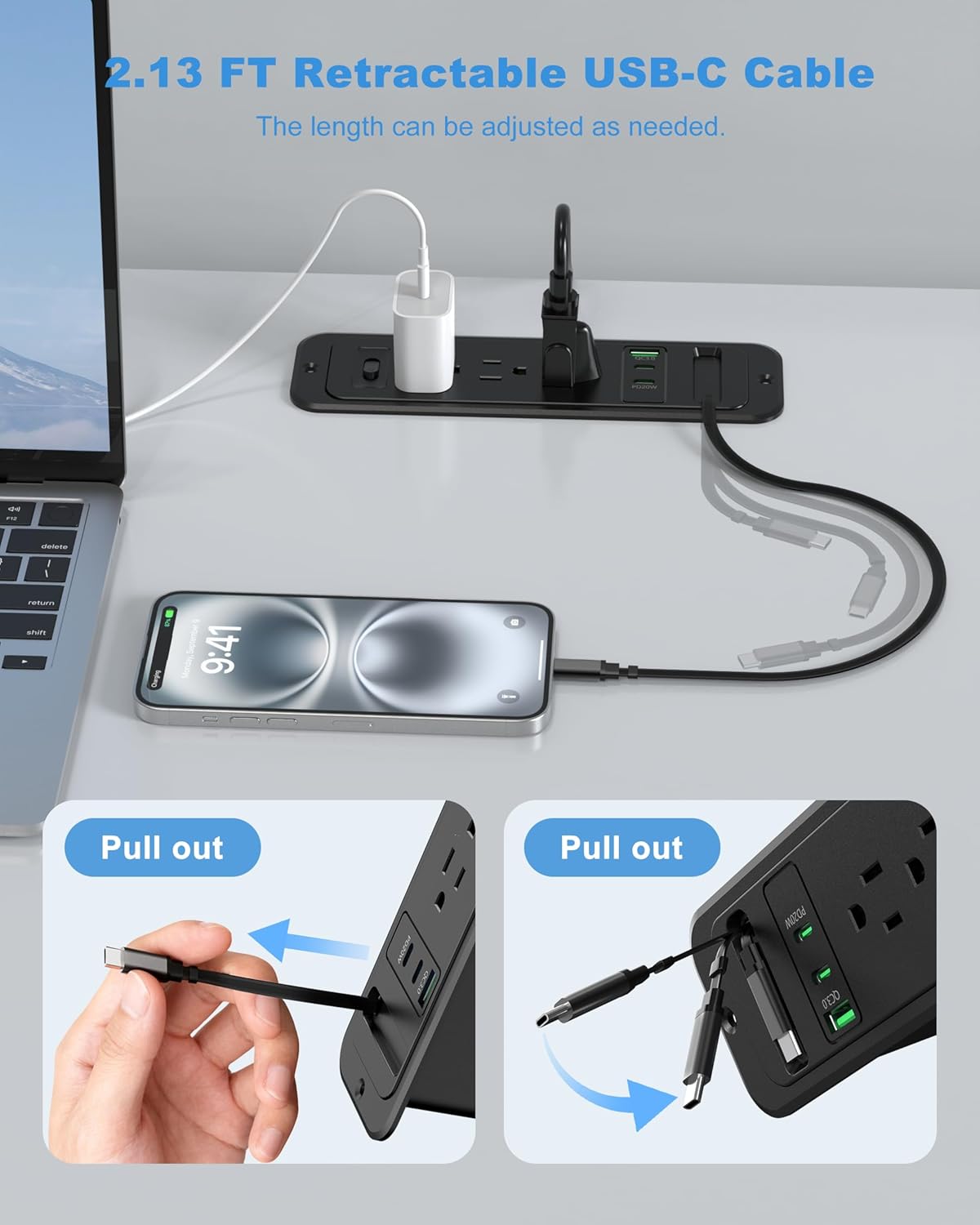 Jgstkcity Cable,2 20W Countertop Table,3 6FT-20W Recessed Power Strip with Retractable USB C PD USB C,Flush Mount
