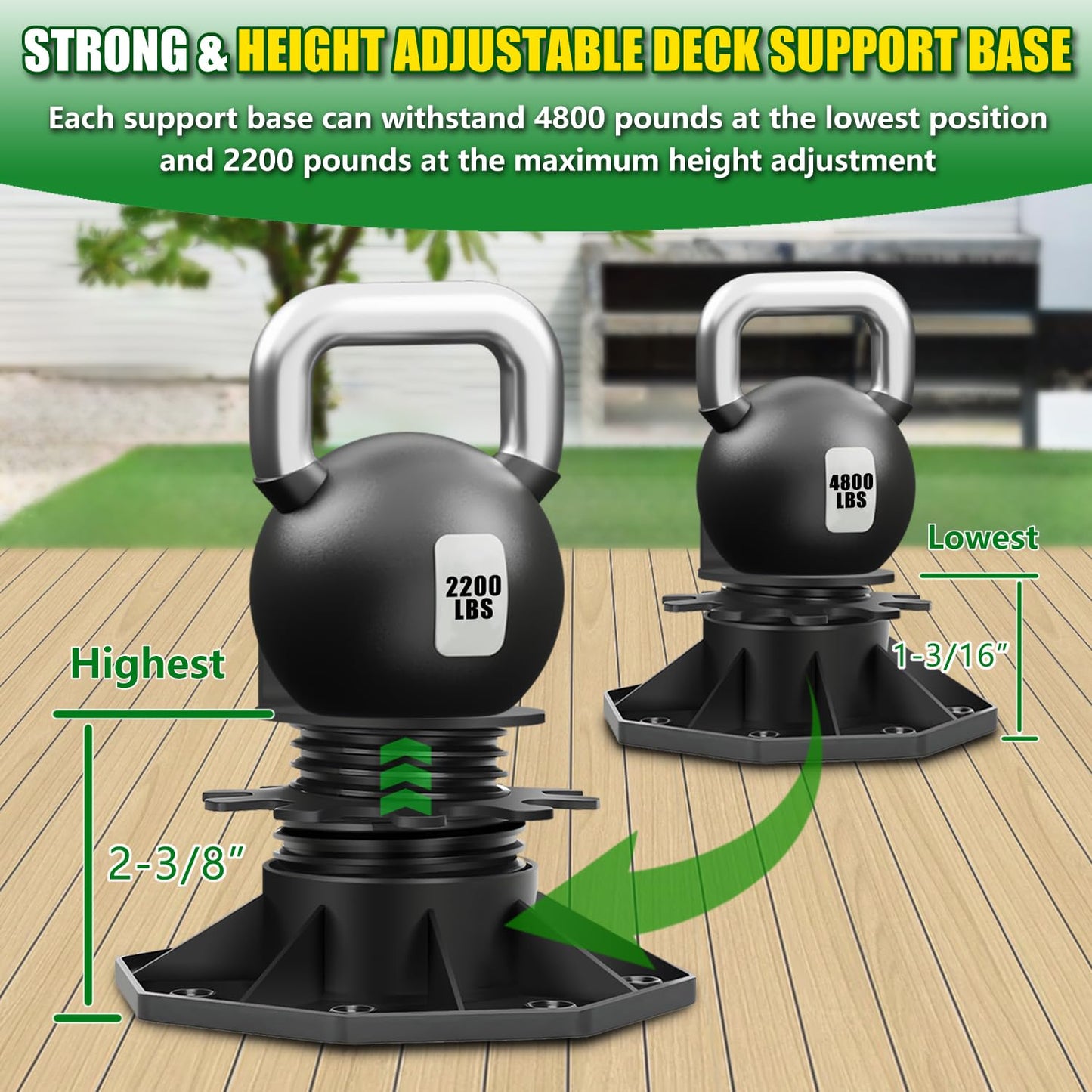 12Pack Adjustable Deck Support Pedestal Deck Foundation Base Support，Used for Floating Deck Platform Deck Floor Height Adjustment Raising, Adjustment Raising from 1-3/16" to 2-3/8",Black