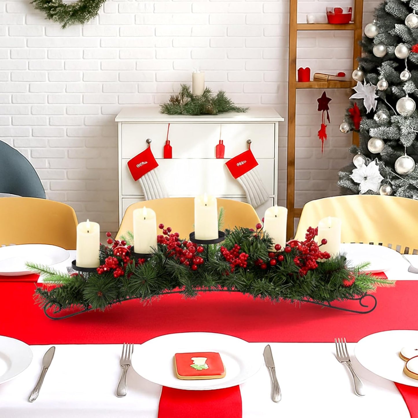 Yungyan Christmas Tabletop Centerpiece - 30 Inch with 5 Candle Holders, Norfolk Branch & Red Berries