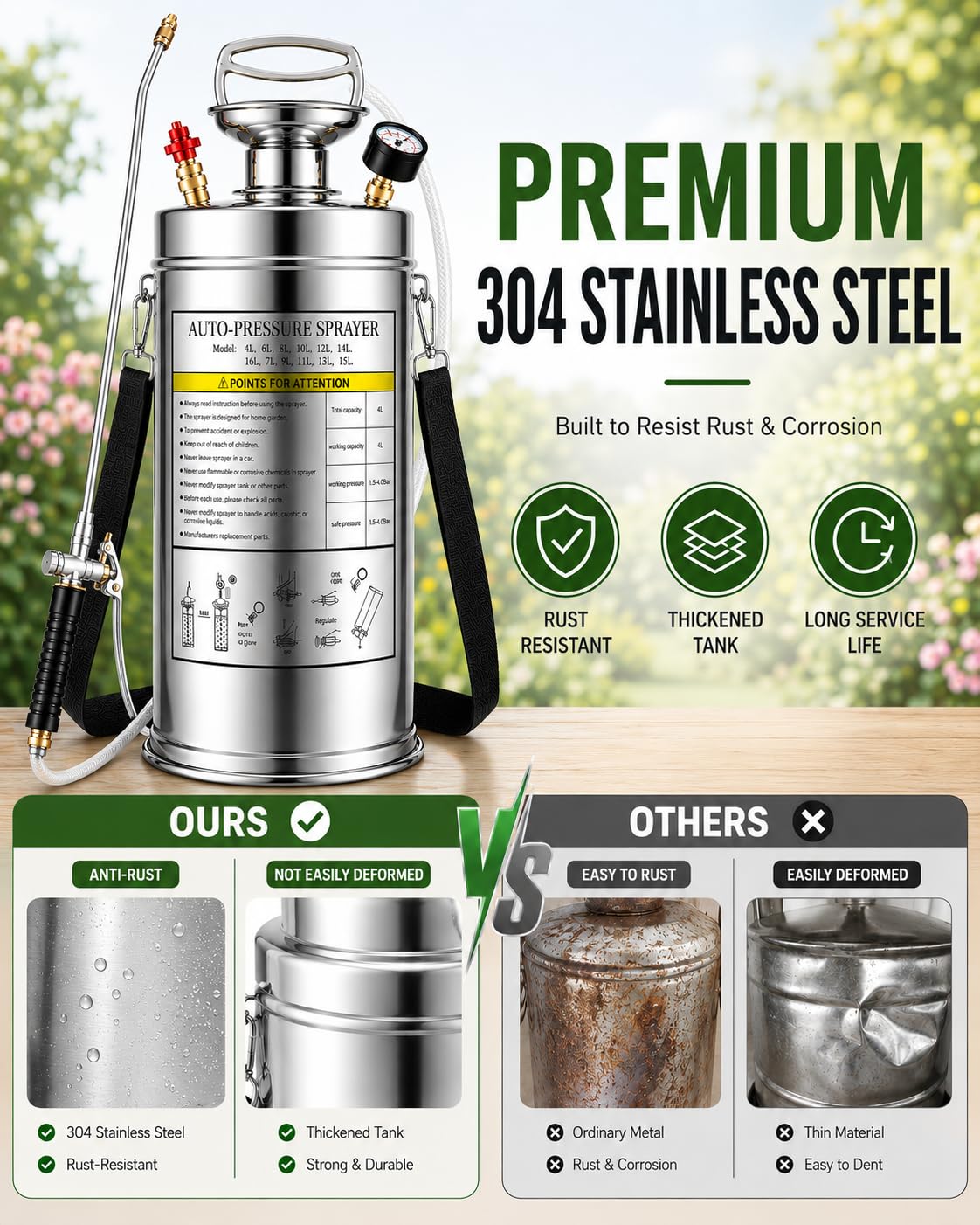 3.5 Gallon Stainless Steel Sprayer, Hand Metal Pump Up Sprayer Reinforced Hose with Pressure Gauge, Safety Valve & Adjustable Nozzle, Garden Weed Sprayers for Lawn, Gardening, Sanitizing