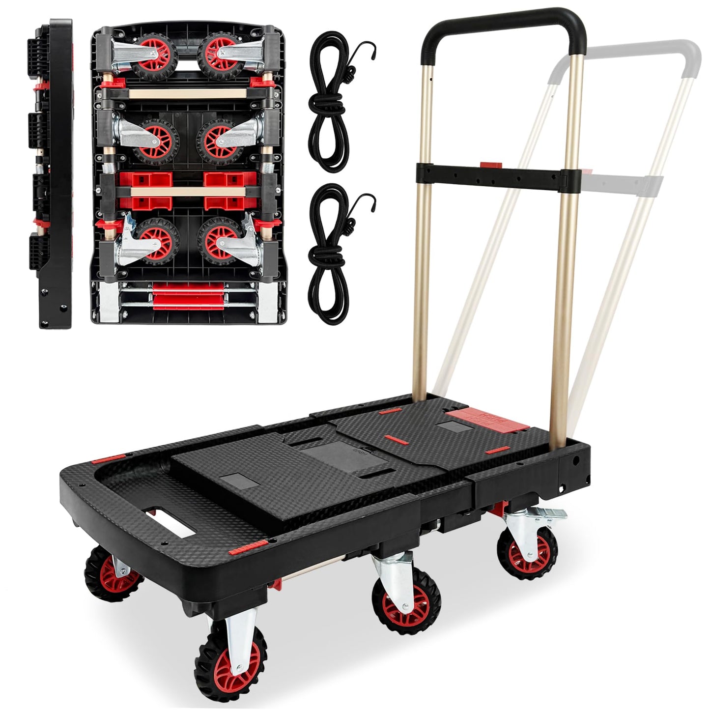 Heavy Duty 600lbs Capacity Platform Truck, Collapsible Dolly Cart w/Brake Wheel, Retractable Platform & Handle,Sponge Grip,Portable Dolly Cart for Luggage,Camping,Delivery & Storage