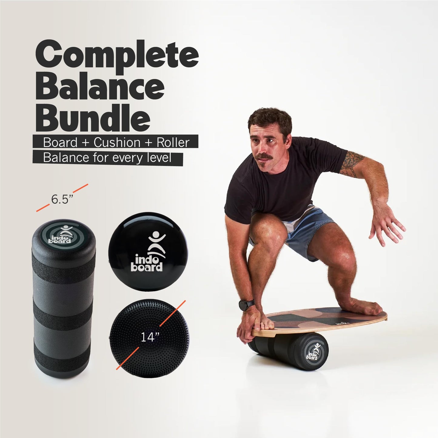 The Original Indo Board Training Package - Balance Board Trainer for Core Strength, Stability & Athletic Performance - Surfing, Skateboarding, Snowboarding, Yoga, Physical Therapy & More. Includes Board, Cushion and Roller. "Cuby" Design.