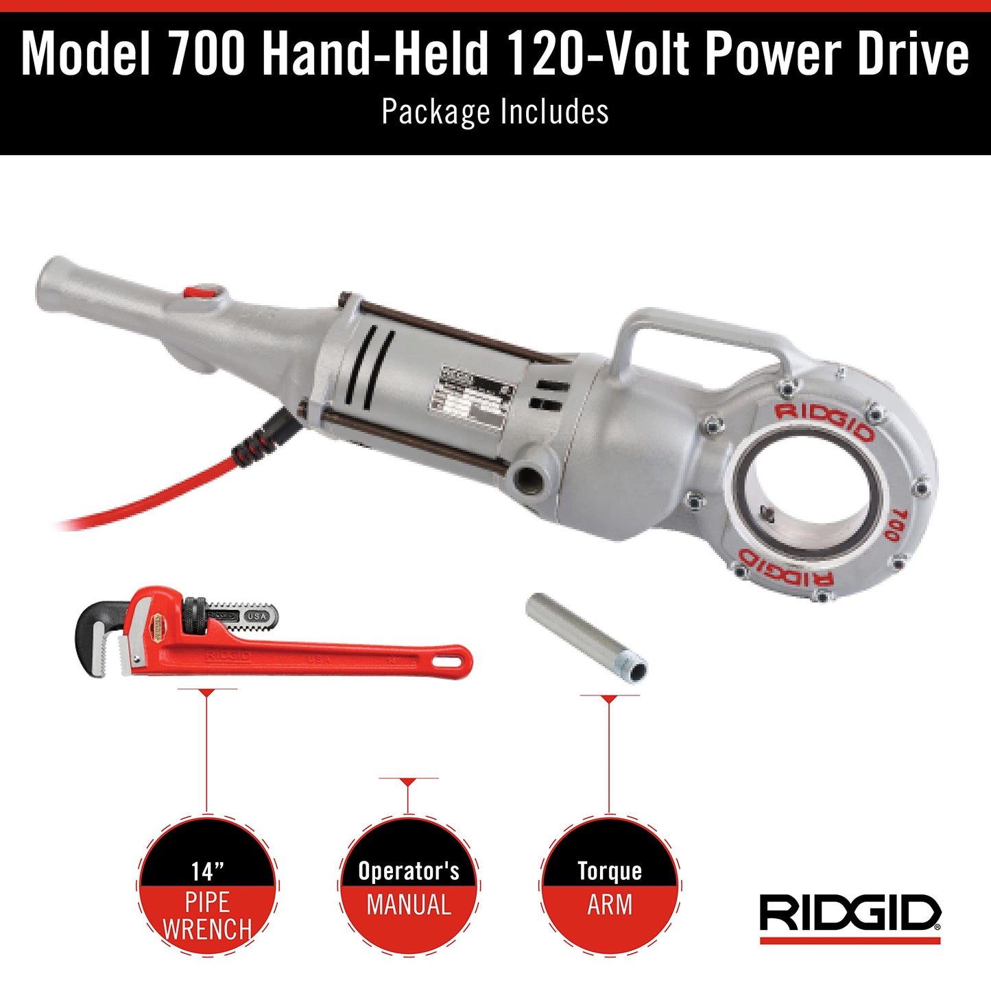 RIDGID 41935 Model 700 Hand-Held 120-Volt Power Drive Pipe Threader, Compatible with RIDGID 12-R, 00-R, 00-RB, and 11-R Die Heads, Silver