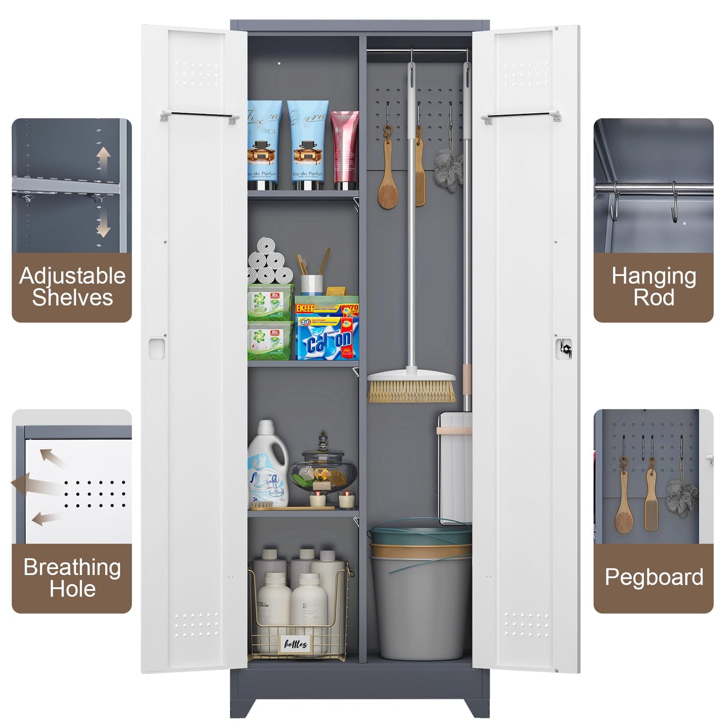 GREATMEET 65'' Garage Storage Cabinet, Broom Closet, Metal Utility Cabinet for Cleaning Supply with Pegboard, Lockable Doors, Adjustable Shelves for Garage, Home, Gray White
