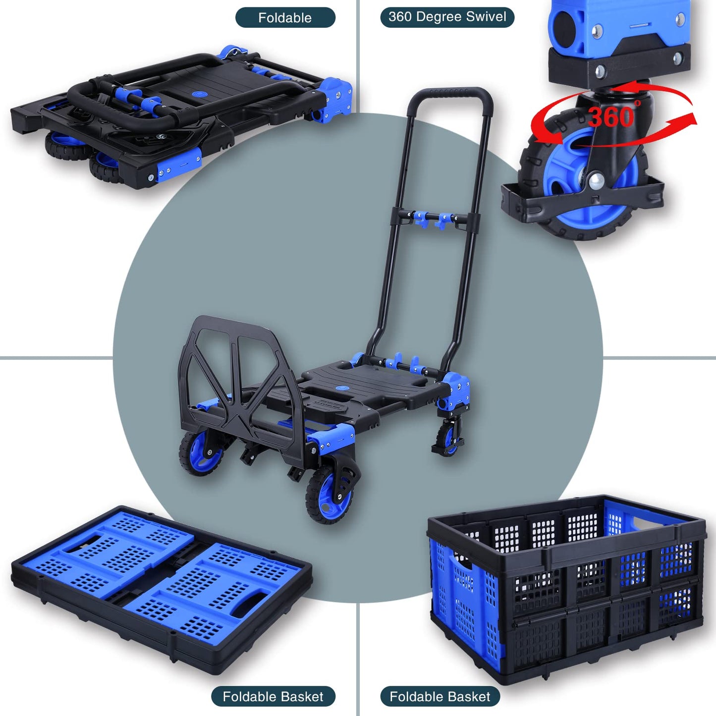 2-in-1Folding Hand Truck Dolly with Folding Basket, 330LBS Capacity Foldable Hand cart,Folding Dolly with Retractable Handle,Hand Truck Foldable with 4 Wheels for Moving