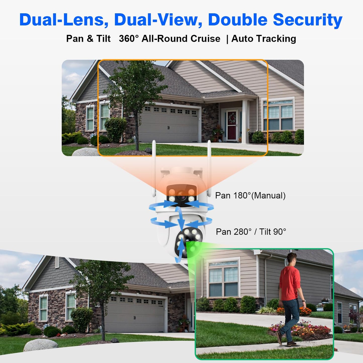 Cromorc Expandable 16CH NVR Wireless Security System 10.1" Monitor, 4 Dual Lens PTZ 4MP Camera, Humanoid Motion Detection, Spotlight, Siren Alarm, 2-Way Audio, in/Outdoor, 1TB HDD, Color Nihgt Vision