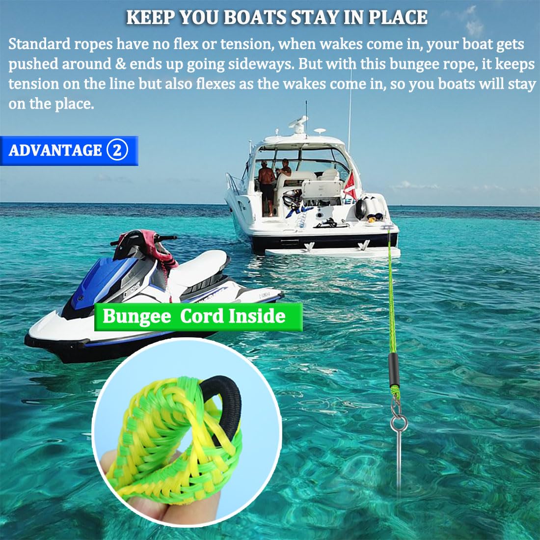 Botepon Boat Bungee Anchor Lines for Beach Anchor, Boat Beach Anchor Rope for Beach Boat, PWC, Jet Ski Or Seadoo, PWC Accessories, 14ft Stretch to 50ft