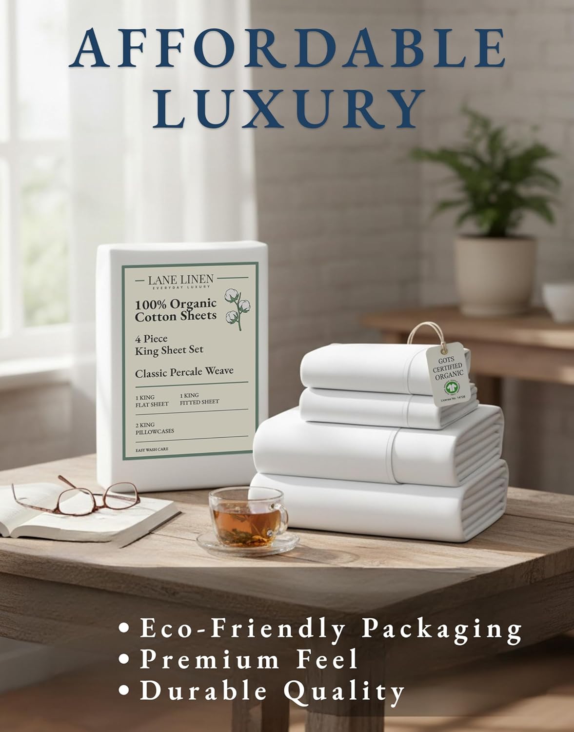 **LANE LINEN 100% Organic Cotton King Size Sheets Set - Soft, Breathable & Eco-Friendly White Bedding**