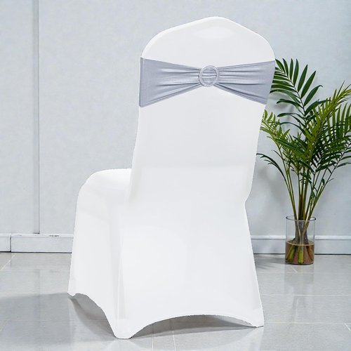 MDS Spandex Foil Chair Sashes - Universal Elastic Stretch Bands with Buckle for Weddings | Metallic Silver, Pack of 150