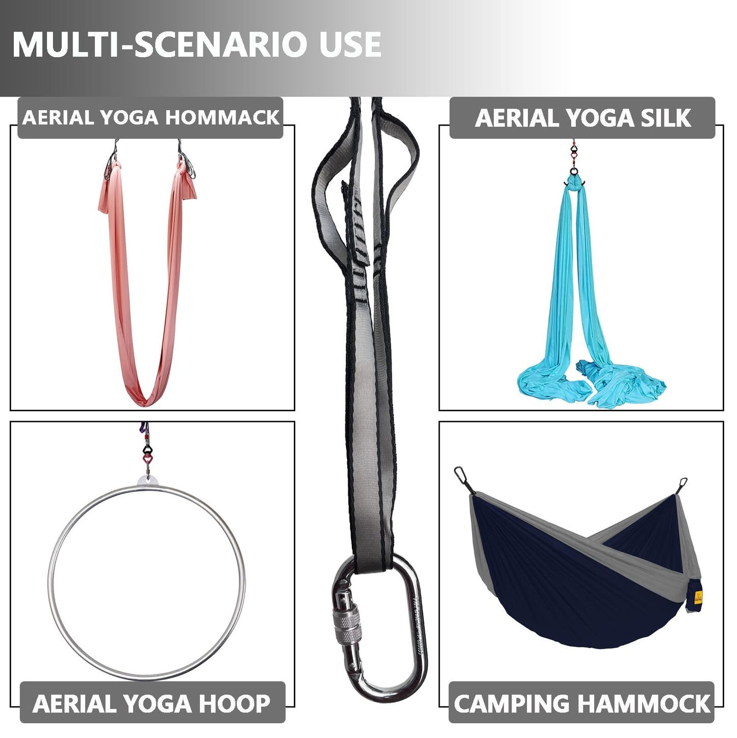 PRIOR FITNESS Yoga Straps Aerial Hammock Accessory Set, 2pcs Carabiner + 2pcs Daisy Chain r, Aerial Silk Hardware with Carabiner Daisy Chain for Yoga Swing Pilates