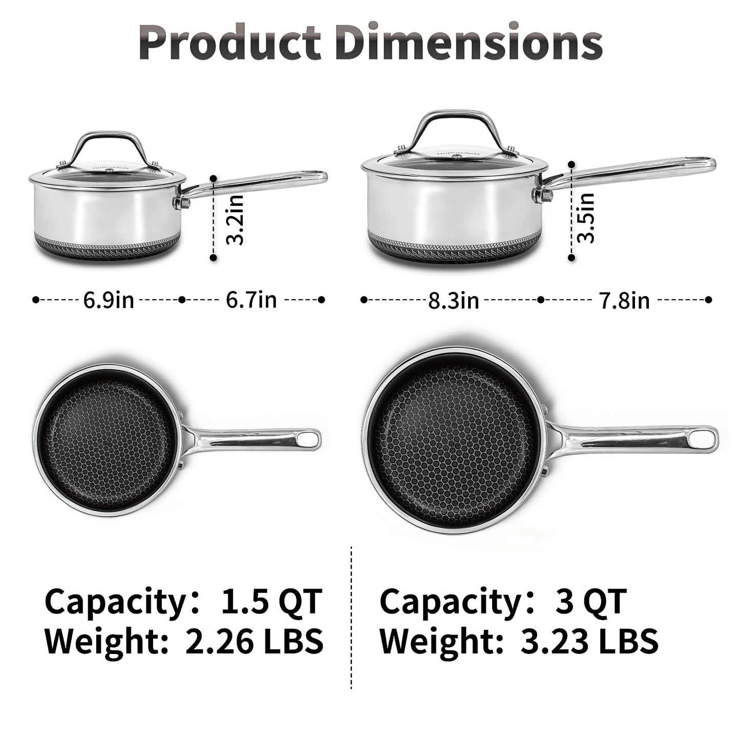 Bakoniion Hybrid Nonstick Saucepan Set of 2 with Lids 1.5 QT and 3 QT, Stainless Steel Honeycomb Pans with Side Pour Spouts,Compatible with All Cooktops,Dishwasher and Oven Safe