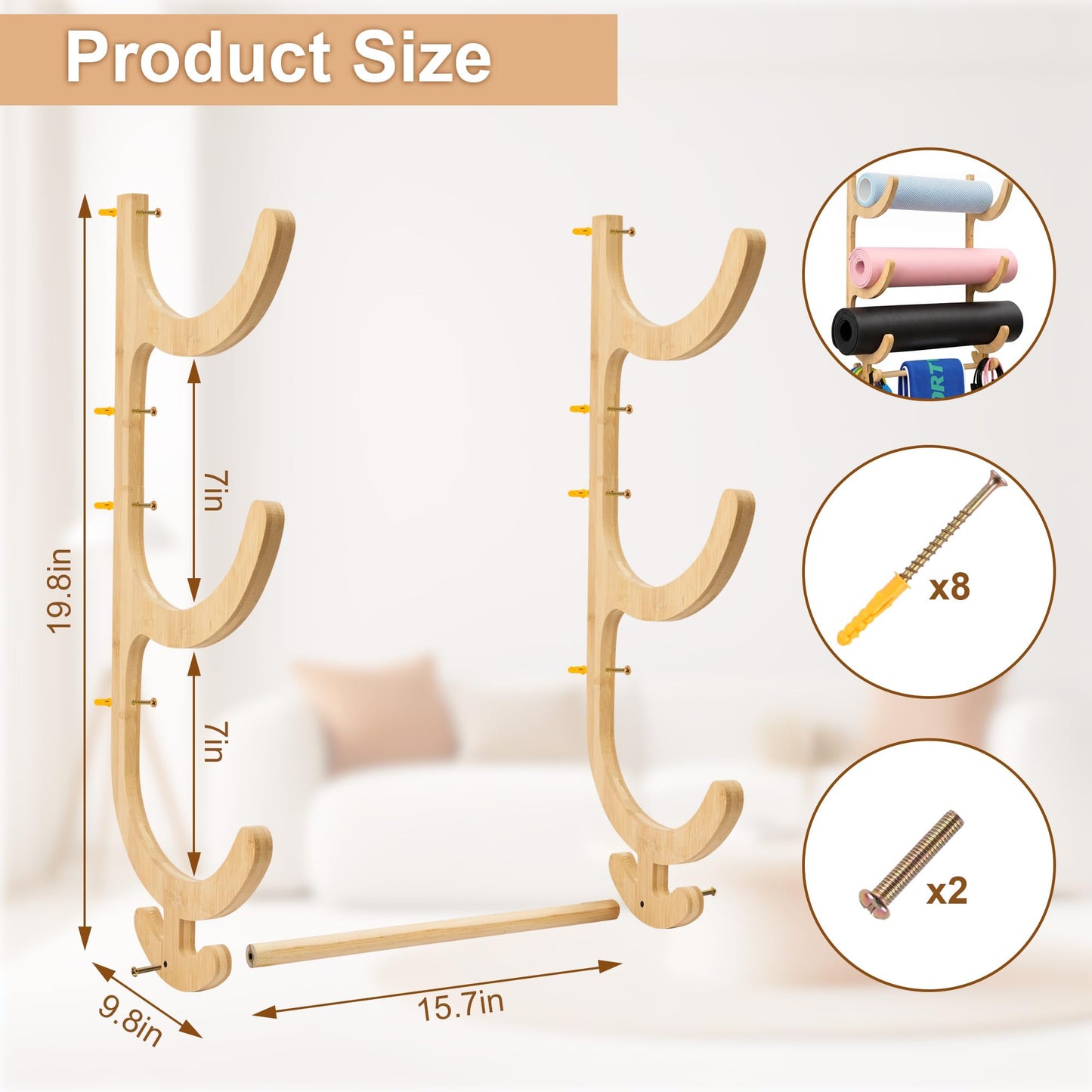 Upgraded 3 Tier Wooden Yoga Mat Holder Wall Mount with Bottom Hanging Bar, Yoga Mat Storage Rack with 4 Multi-Purpose Hooks, Foam Rollers and Resistance Band Hanger for Home Gym or Fitness Class