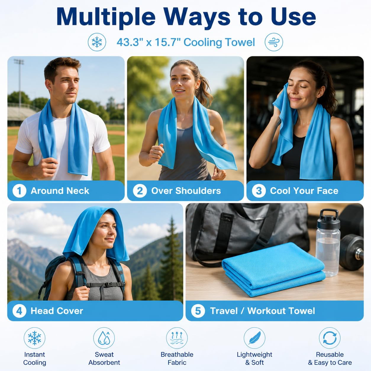Cooling Towels 43.3" x 15.7" - Ice Towel, Sweat Towel, Cooling Towels for Neck & Face & Cooling Neck Wraps for Summer Heat - Neck Cooler for Quick Cool Down for Gym, Running, Golf, Yoga & Sports