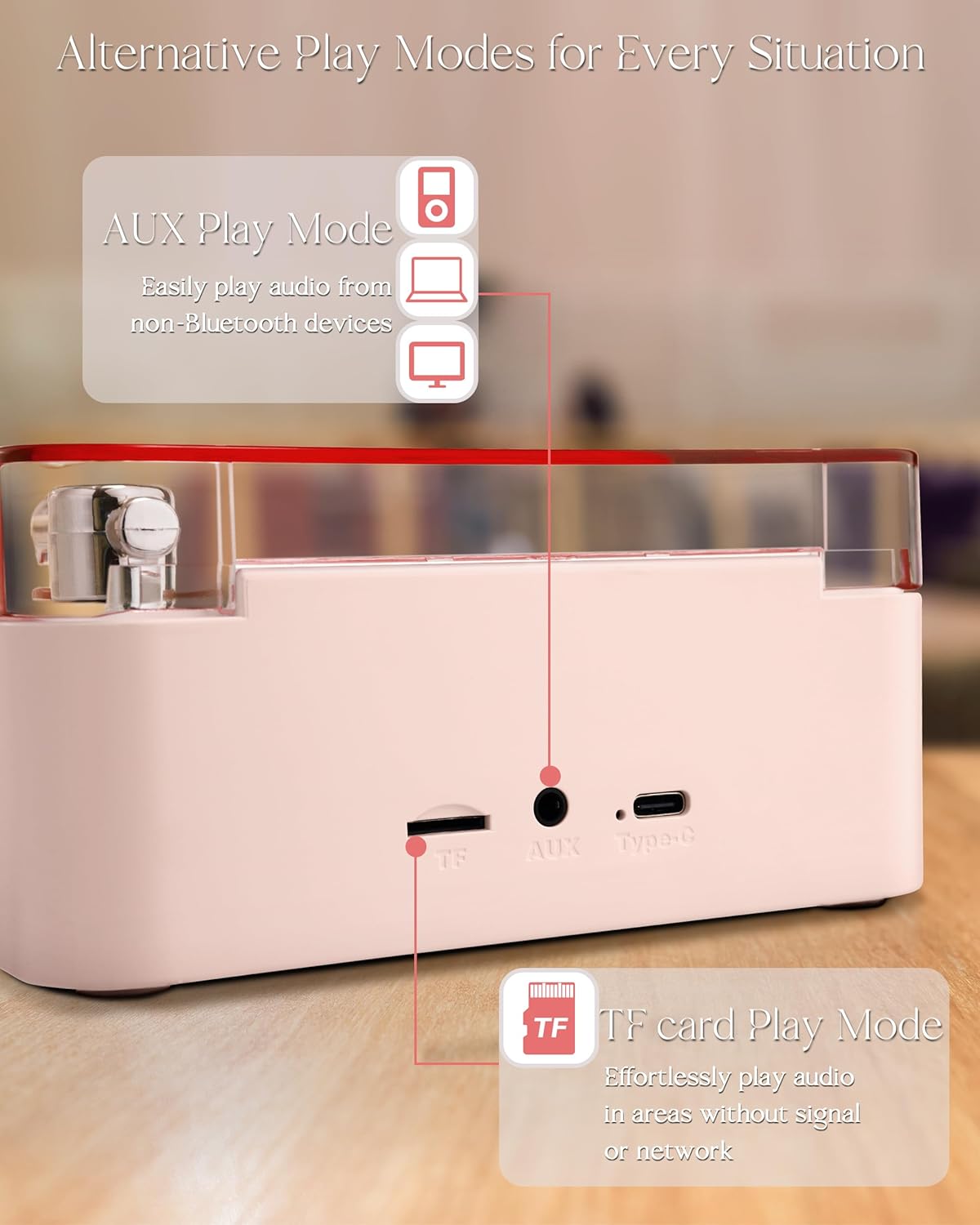 FAITIO Waves Vinyl Bluetooth Speaker Pink,Mini Record Player Style Speakers with Ocean Sound White Noise, Retro