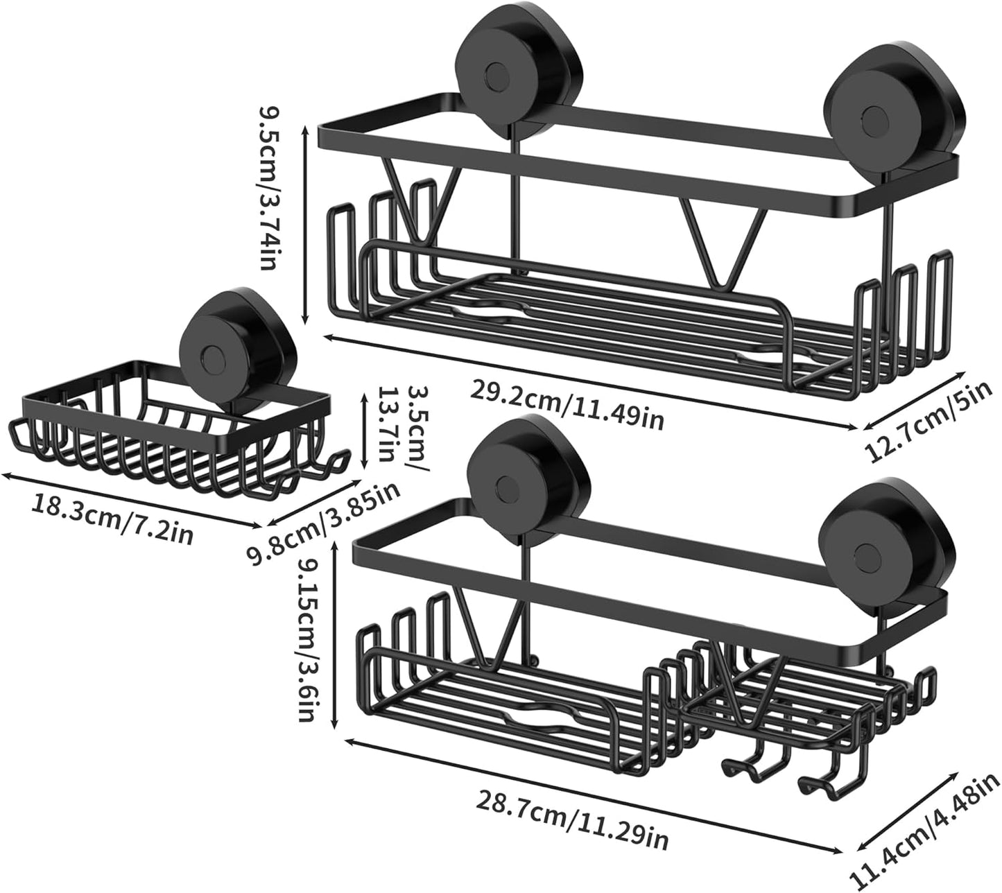 ZUNTO Suction Cup Shower Caddy | 3-Piece Reusable Shelf Organizers with Soap Holder & Hooks - No Drilling