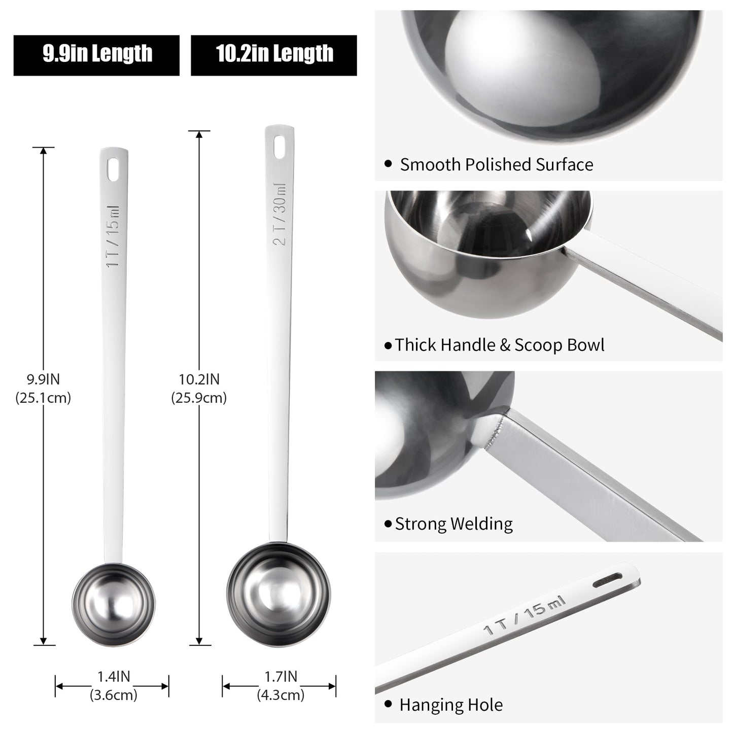 18/8 Stainless Steel Coffee Scoops, Doosu Food-Grade Metal Measuring Spoons with 8.5in Long Handle, Tablespoon Scooper for Coffee Beans, Ground Coffee, Espresso, Protein Powders, Tea (1 & 2 Tbsp)