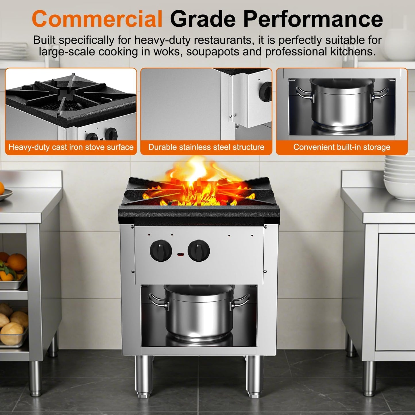Culistra Commercial High Power Gas Stove, 90,000 BTU, Propane and Natural Gas Countertop Cooking Stove Range, with Cabinet, Stainless Steel Hot Plate for Catering, Perfect for Iftar, ETL Certification