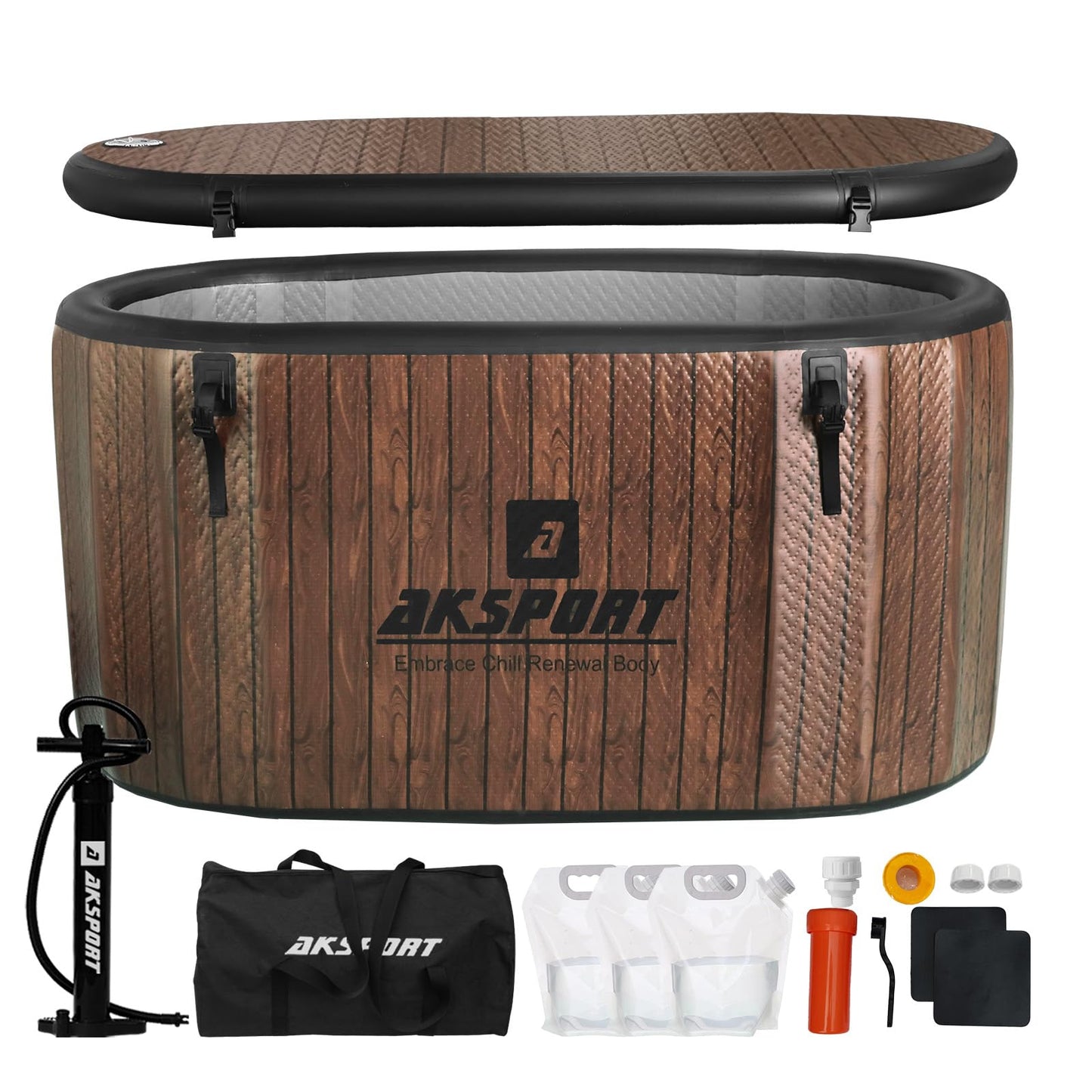 AKSPORT Ice Bath Tub for Athletes, 151 Gallons Inflatable Cold Plunge Tub Compatible with Water Chillers, Icebath for Recovery & Cold Water Therapy, Portable Bathtub for Indoor & Outdoor-Wood