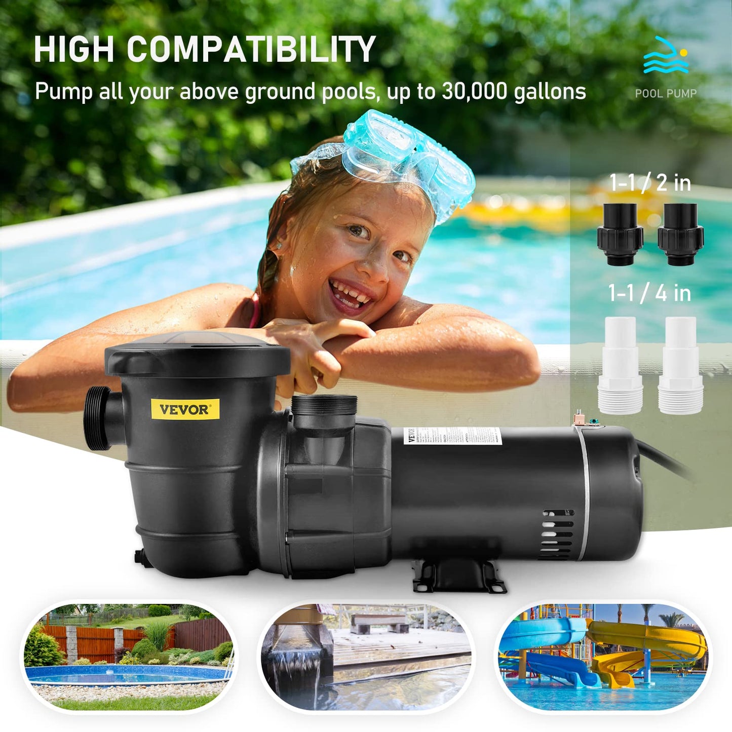 VEVOR Swimming Pool Pump, 2.0HP 115 V, 1500 W Single Speed Pumps for Above Ground Pool w/Strainer Basket, 5400 GPH Max. Flow, Certification of ETL for Security