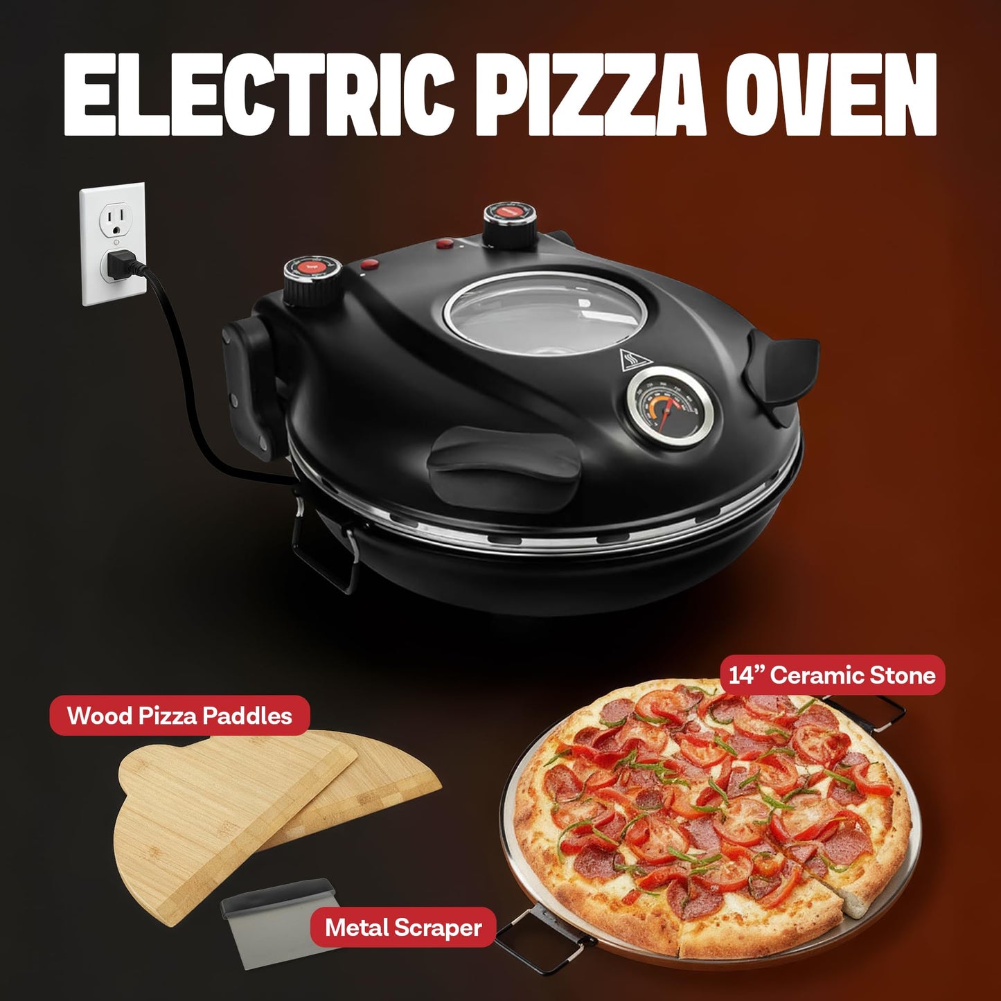 PIEZANO XL 14 Inch Electric Indoor Pizza Oven Heats up to 800˚F - Pizza Maker with Stone for Crispy Crust Pizza, Cooks in Under 6 Minutes, Countertop, Dual Heat Control, Peels & Scraper Included