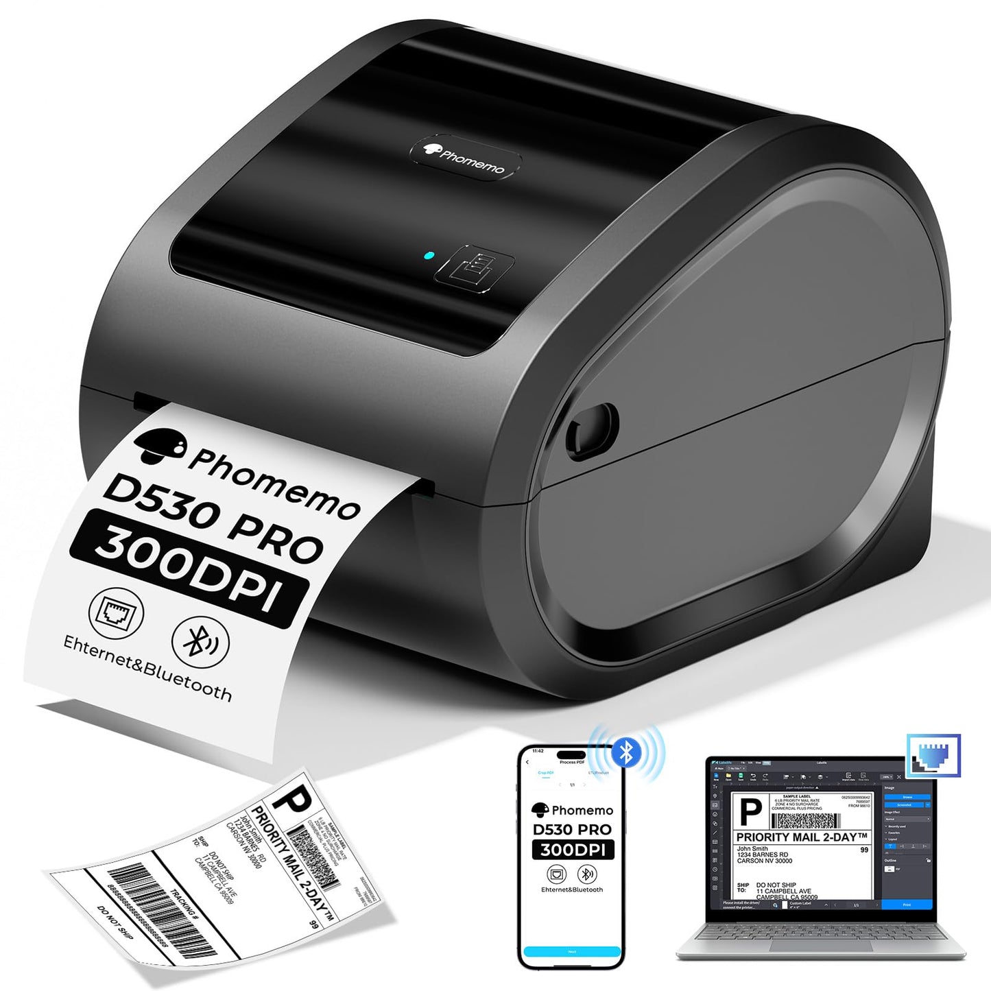 Phomemo Ethernet Thermal Label Printer 4x6, Bluetooth Shipping Label Printer for Small Business, Home, Office, 300DPI Wireless Thermal Printers Compatible with Ethernet/Bluetooth/USB, Etsy, USPS