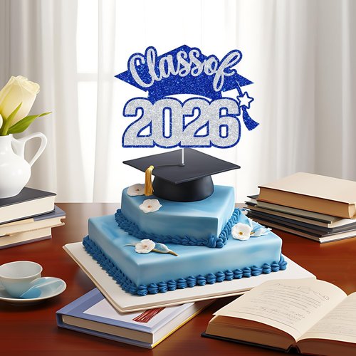 Class of 2026 Cake Topper - Graduation Party Decor | Blue & Silver Glitter High School/College