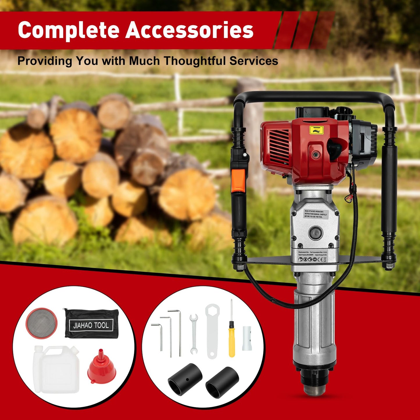 POIOKLJRE 52CC Gas Powered T Post Driver, 1900W Air-Cooled Petrol Piledriver w/Shock Absorption & 2 Socket Sizes (55/70mm), for Fencing & Solar
