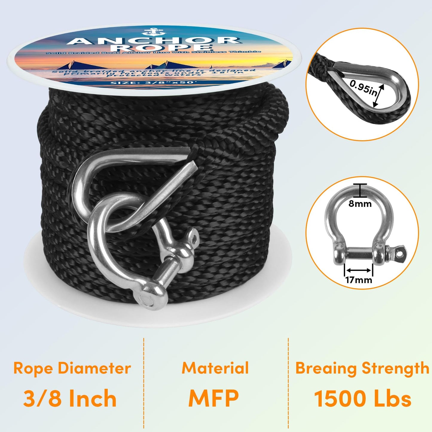 Anchor Rope 50 Ft X 3/8 Inch, Premium Solid Braid MFP Anchor Line, Boat Anchor Rope with Stainless Steel Thimble and Shackle (Black)